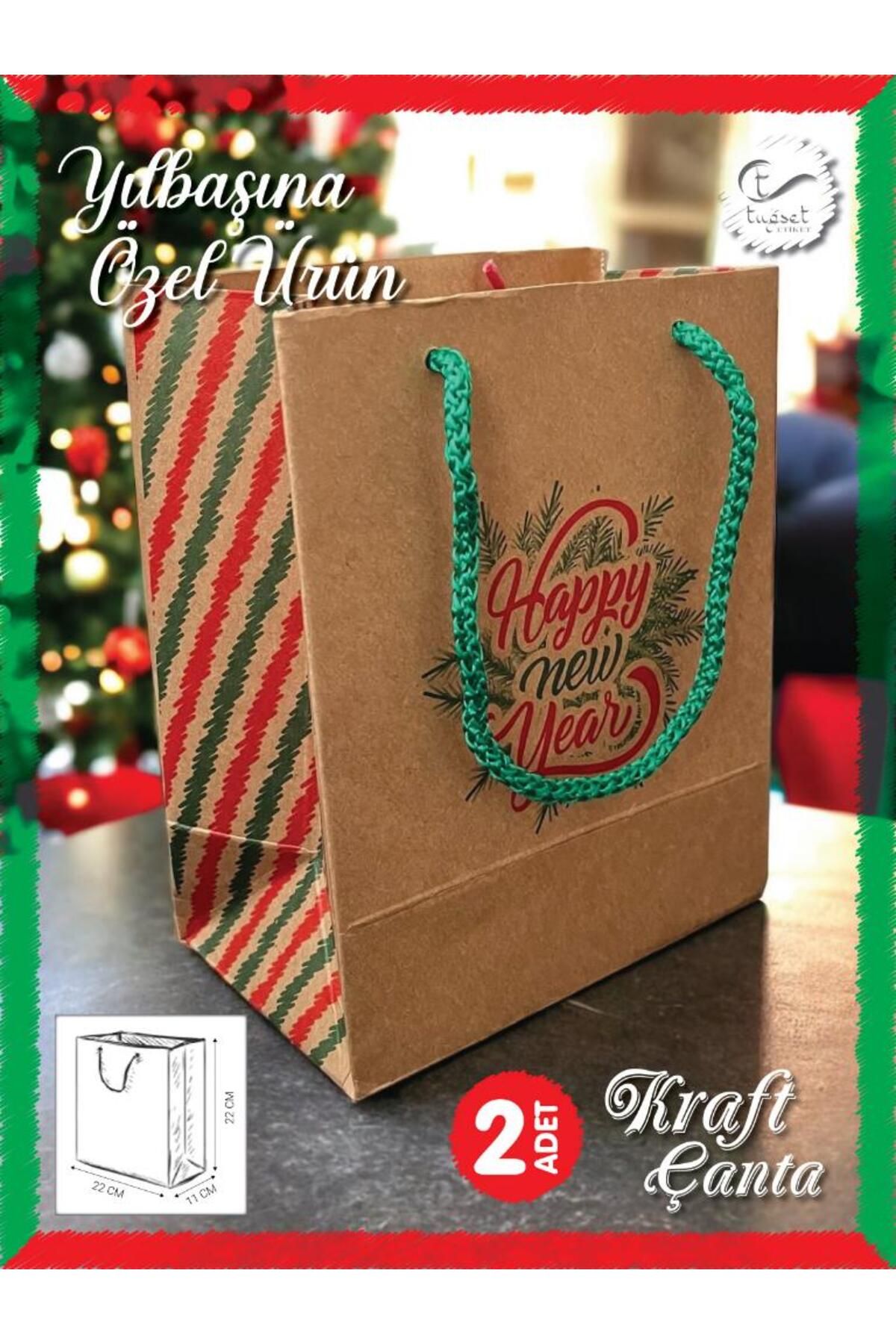 t tuğset etiket Pungă Din Carton Kraft Model De Anul Nou Pachet Cadou Pungi Pliculeț 2 Buc 22*22*11cm Imprimat La Mulți Ani - One Size