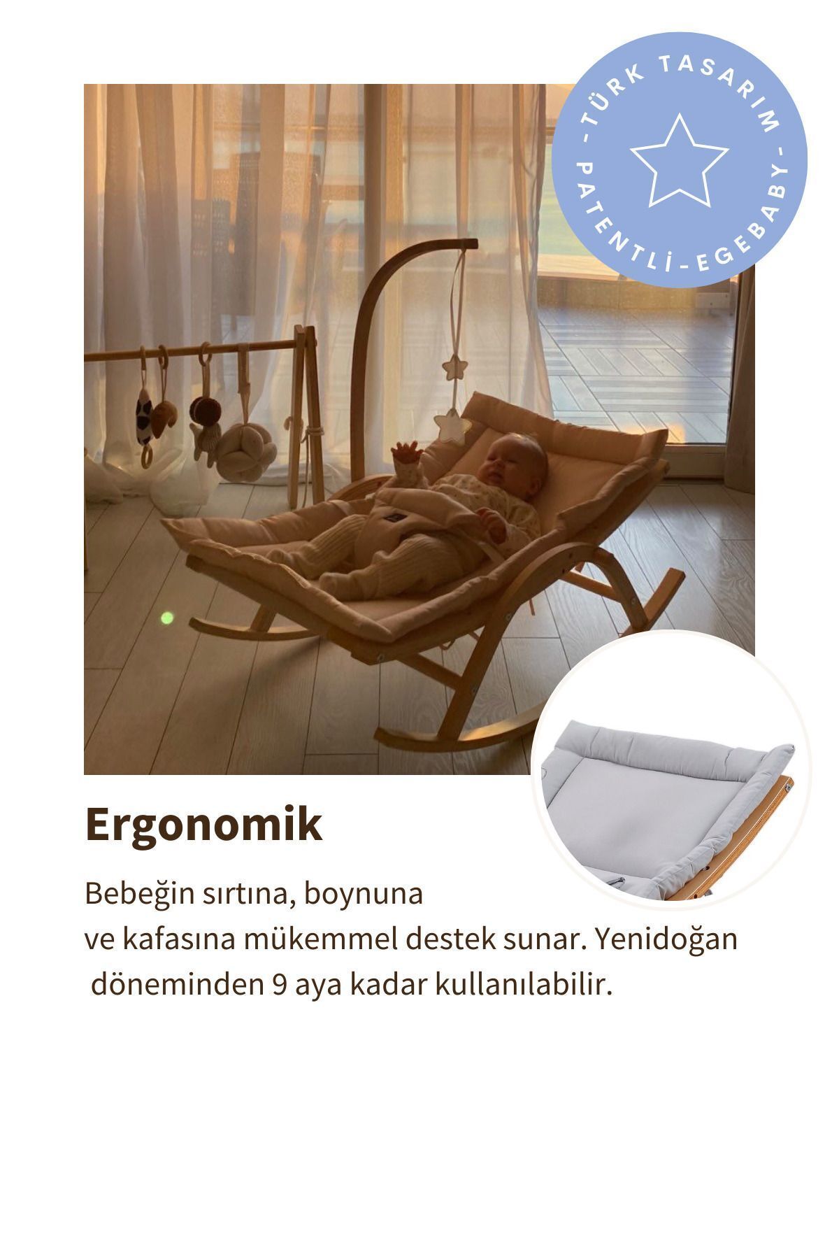 EGEBABY Vernikli Ahşap Hug 2 Kademeli Doğal Sallanan Ana Kucağı Gri fotoğrafı 7 (önizleme)