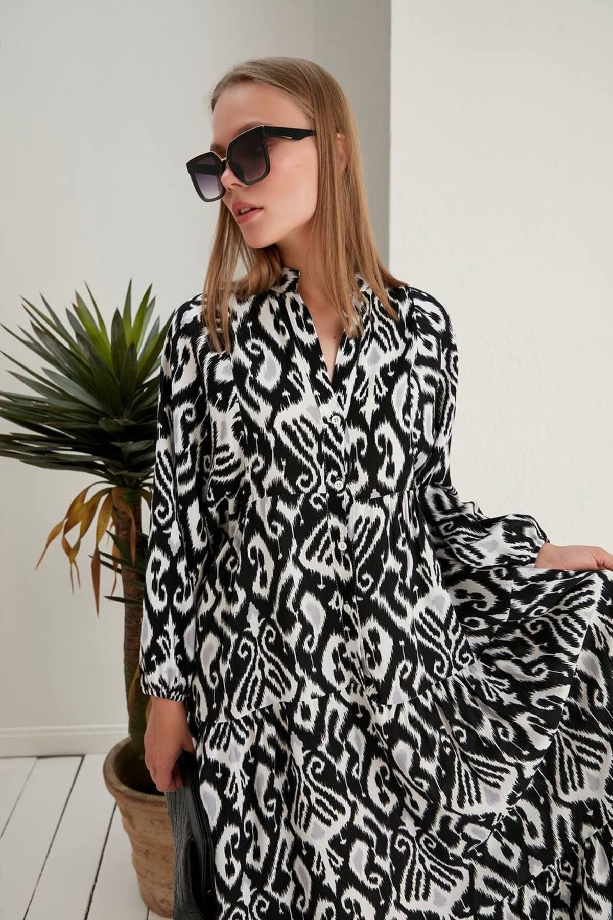 Patterned Long Modest Shirt Dress - Görsel 2