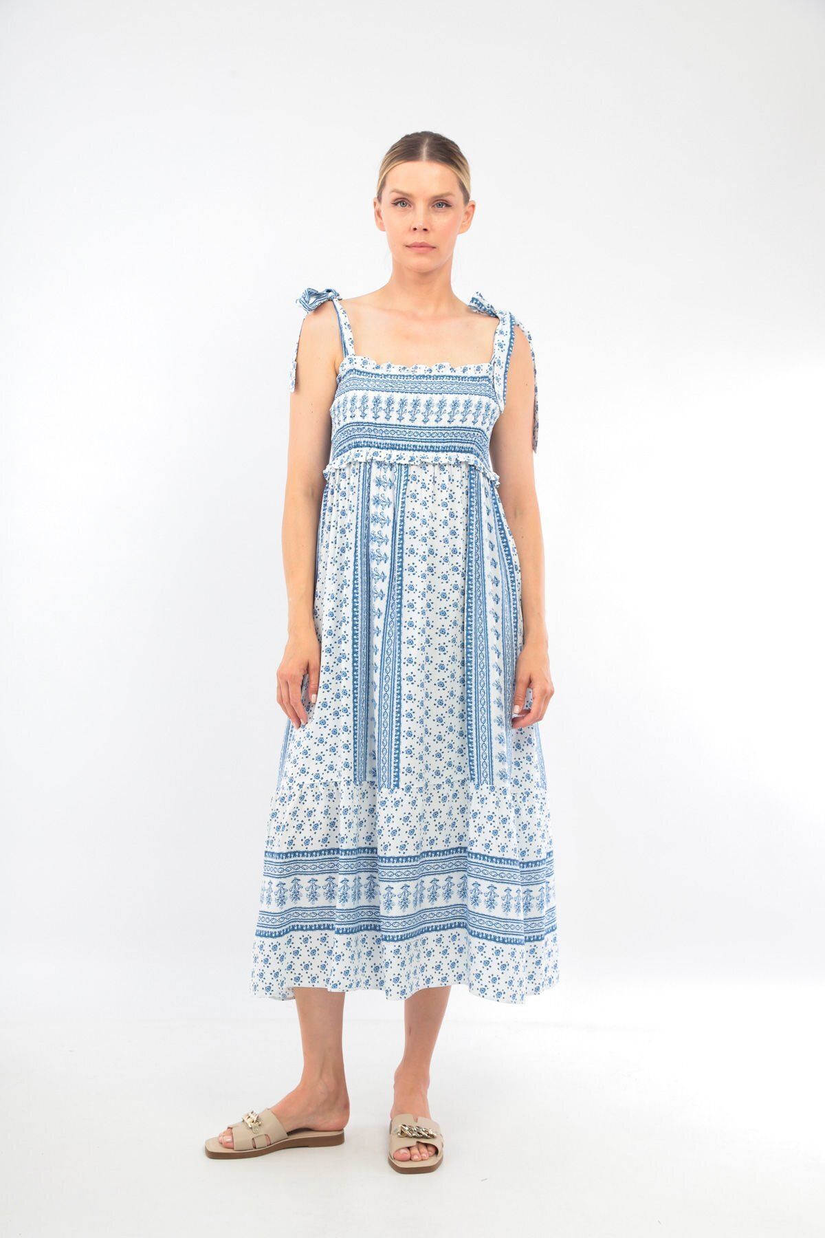 soBasic-Blue-white Patterned Viscose Dress with Adjustable Straps 2