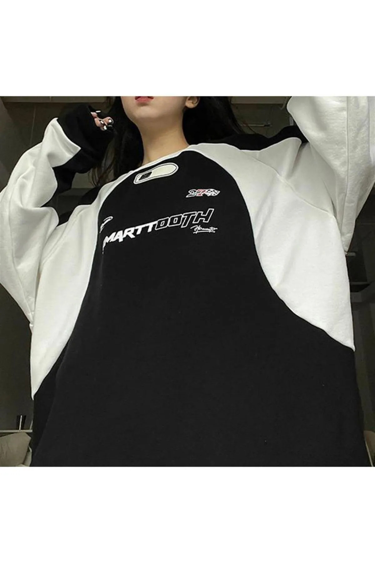 Machetta Unisex Büyük Beden Streetwear Smarttooth Baskılı Siyah Parçalı Oversize Bisiklet Yaka Sweatshirt görsel 2