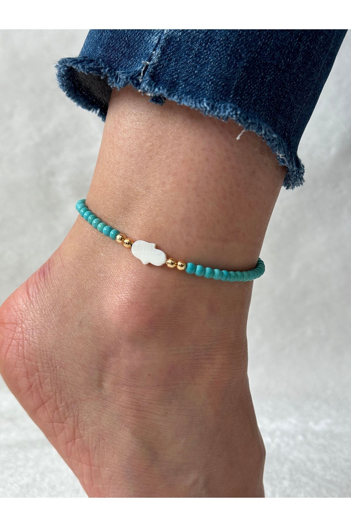 HERCY Doğal Taş Sedef El ve Doğal Turkuaz Boncuk Halhal | Turkuaz Halhal | Doğal Taş Halhal