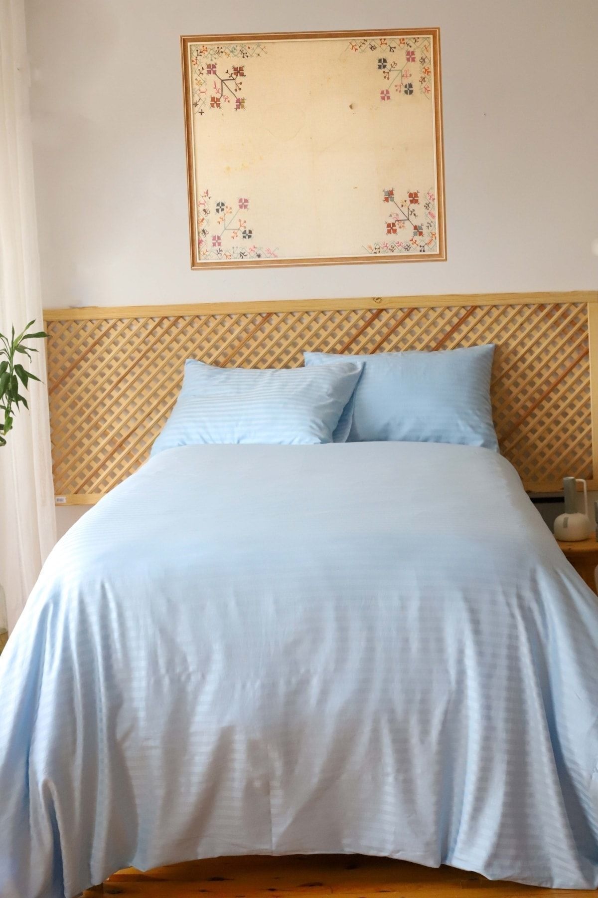 Tekstil Home Lüx Otel Renkli Serisi Tek Kişilik Lastikli Çarşaflı Çizgili Saten Nevresim Takımı Mavi Renk 2