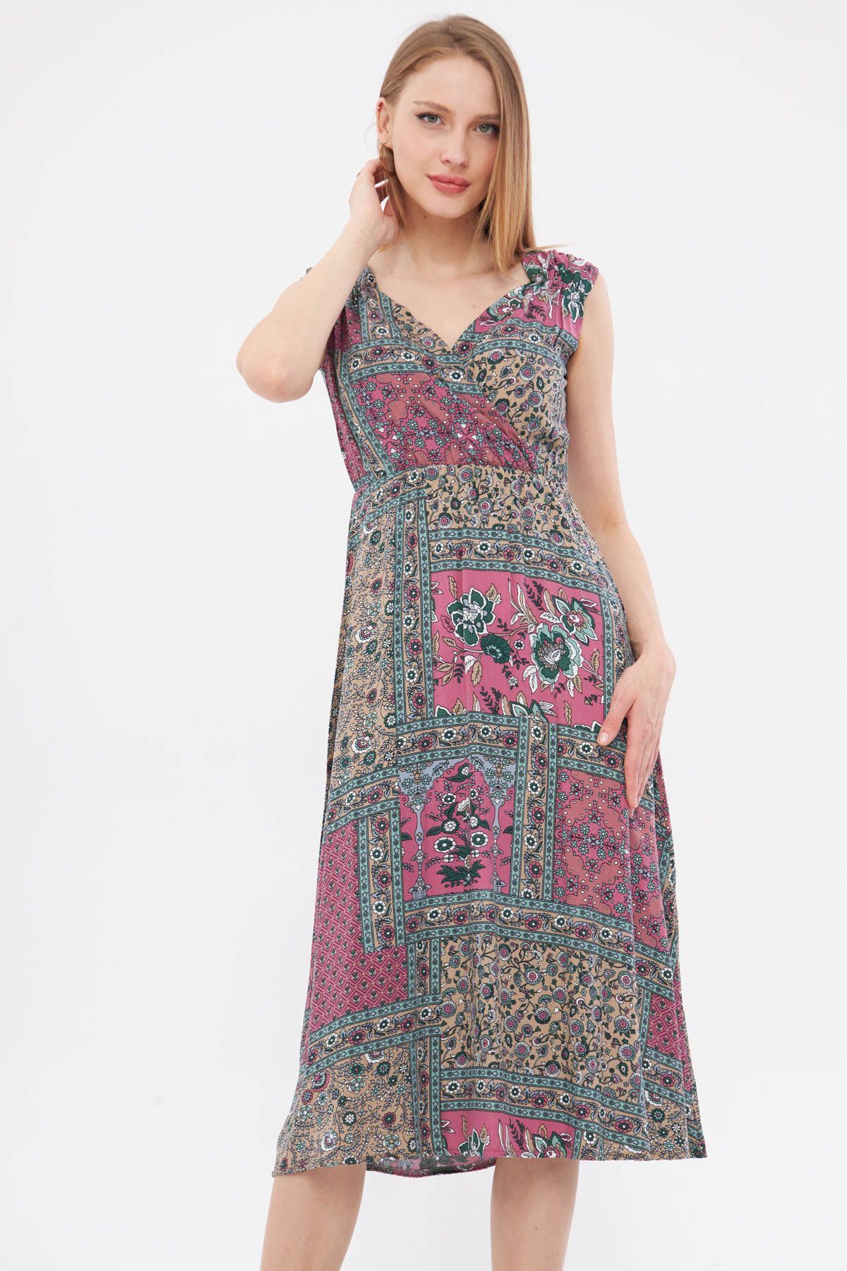 Kadın Vizon Desenli Beli Ve Omzu Lastikli Kruvaze Yaka Midi Boy Elbise ARM-24Y001052