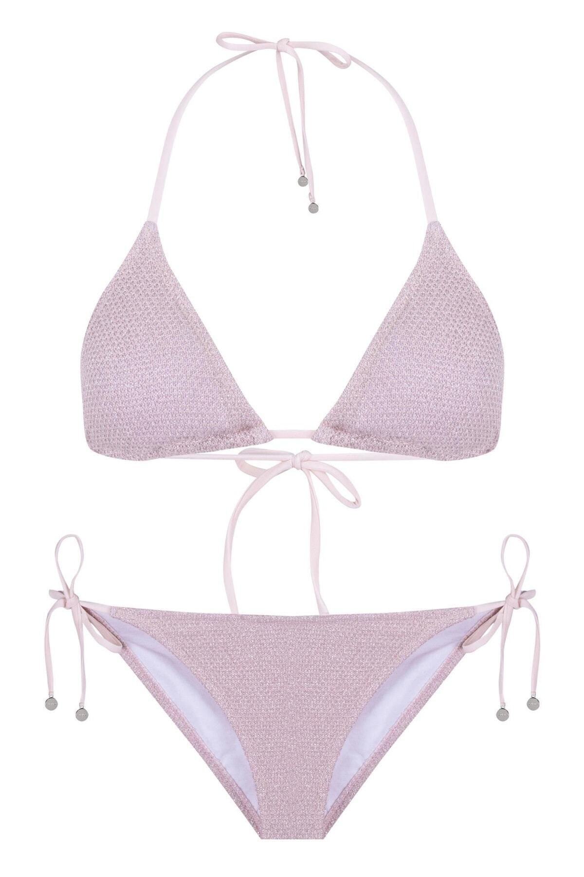 AQUELLA Simli Triko Pudra Üçgen Bikini Takım