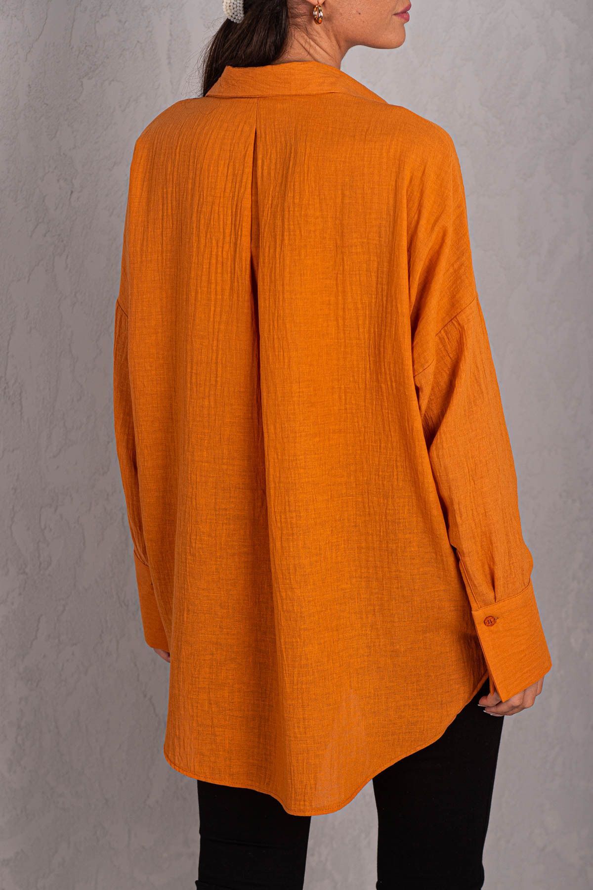 armonika-Women's Orange Oversize Textured Linen Look Wide Cuff Shirt Arm-24k001001 4