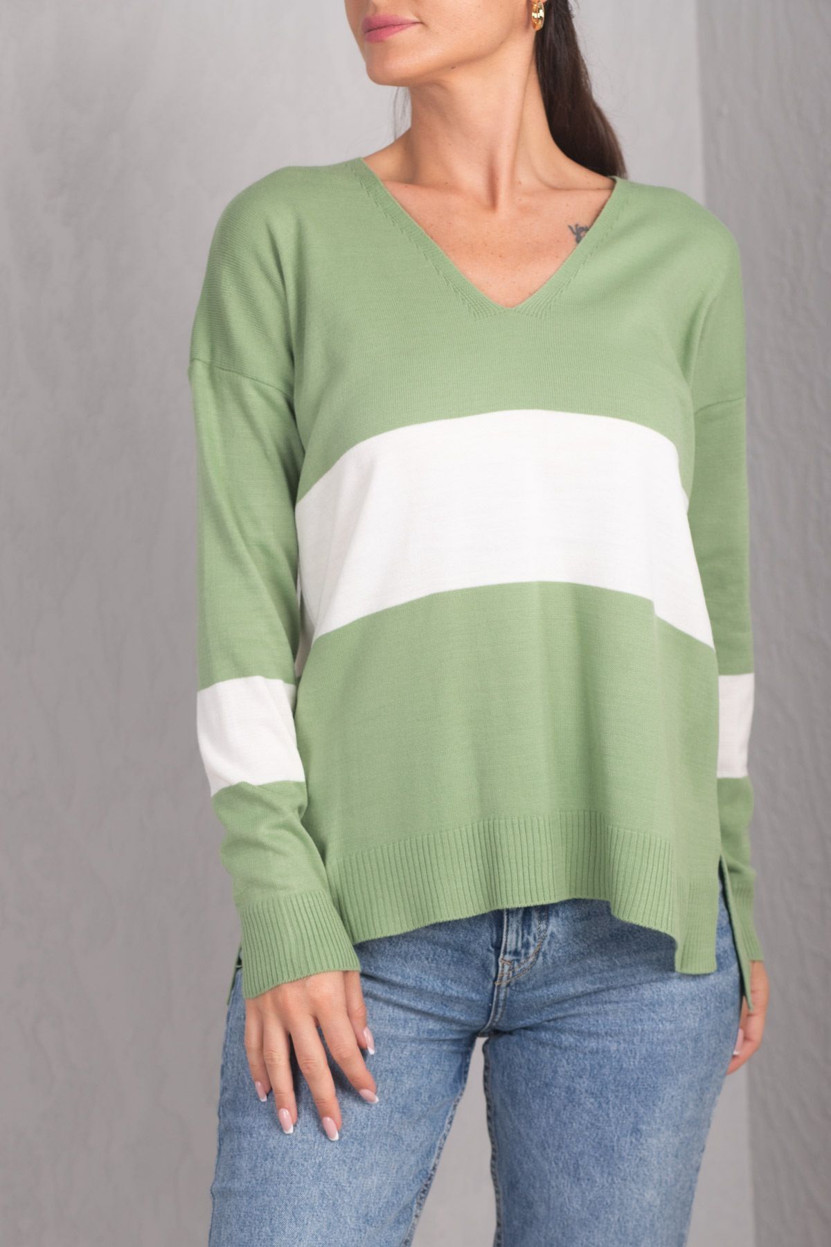 armonika-Tricot pentru femei, verde, cu decolteu în V, în două culori, în față lung în spate ARM-20K012005 1