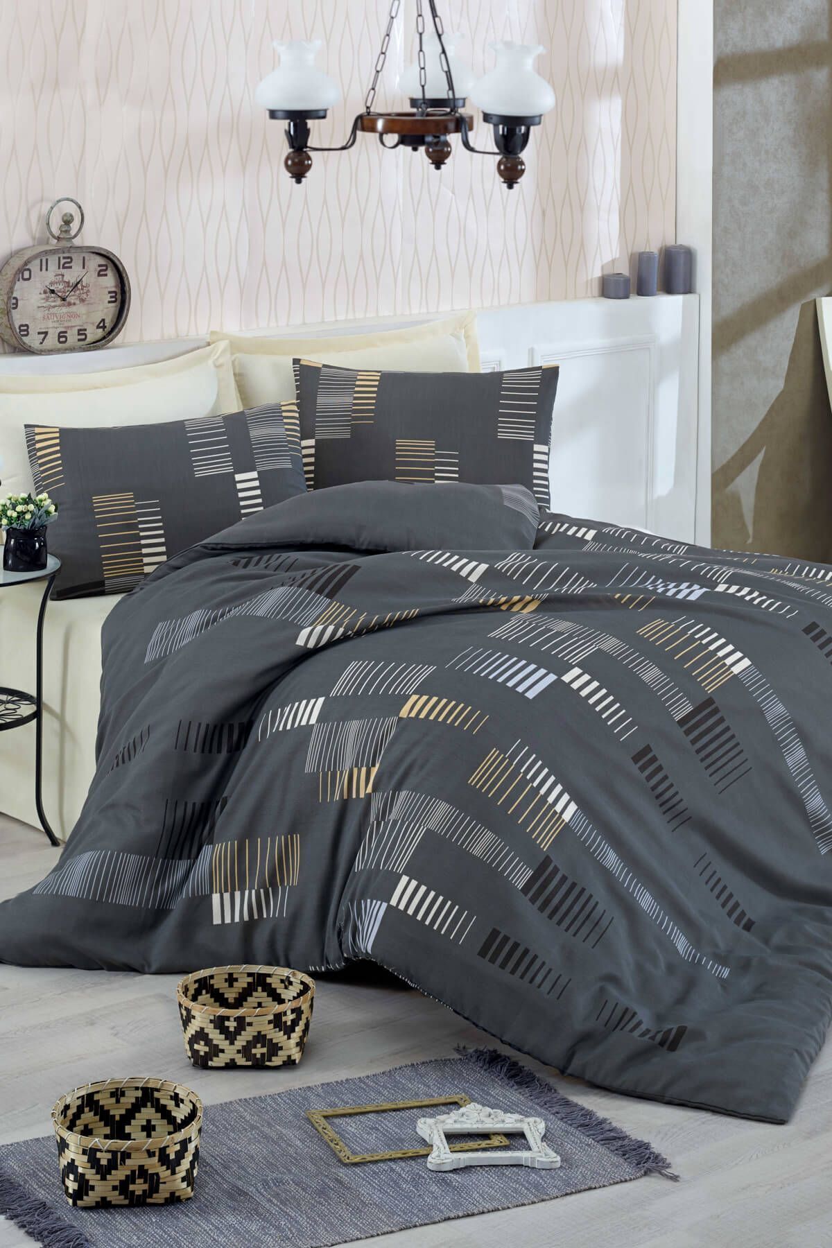 Eponj Home-Μονό Σετ Παπλωματοθήκης Easy-Iron Trace Anthracite 1