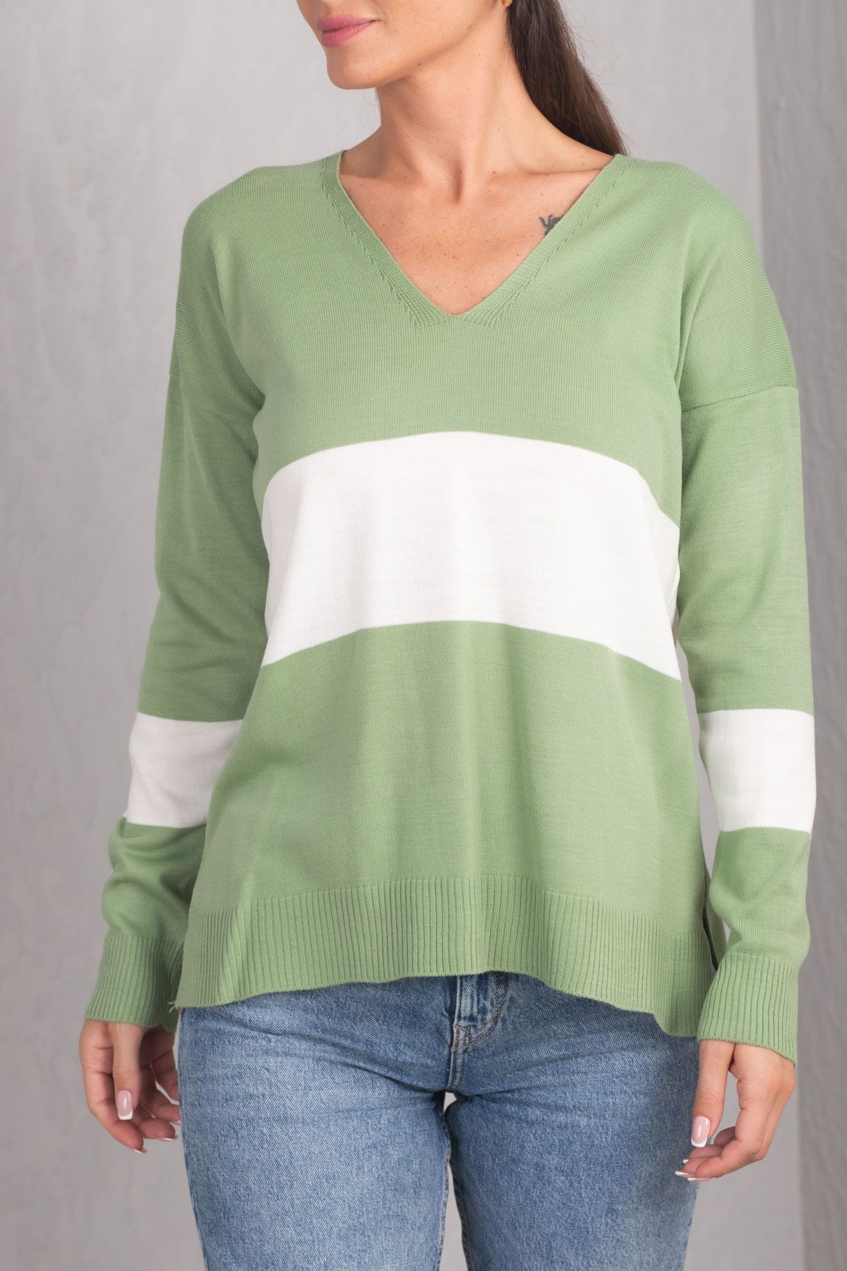 armonika-Tricot pentru femei, verde, cu decolteu în V, în două culori, în față lung în spate ARM-20K012005 2