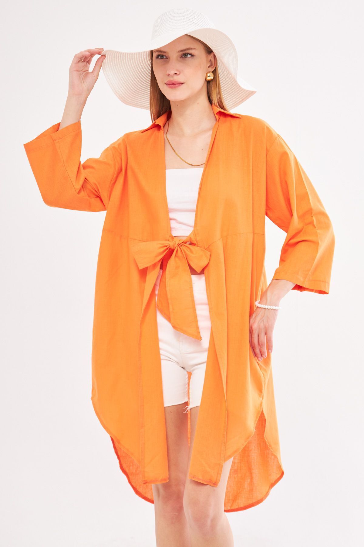 armonika Kadın Turuncu Önden Bağlamalı İnce Keten Kumaş Midi Boy Kimono Gömlek ARM-24Y001081
