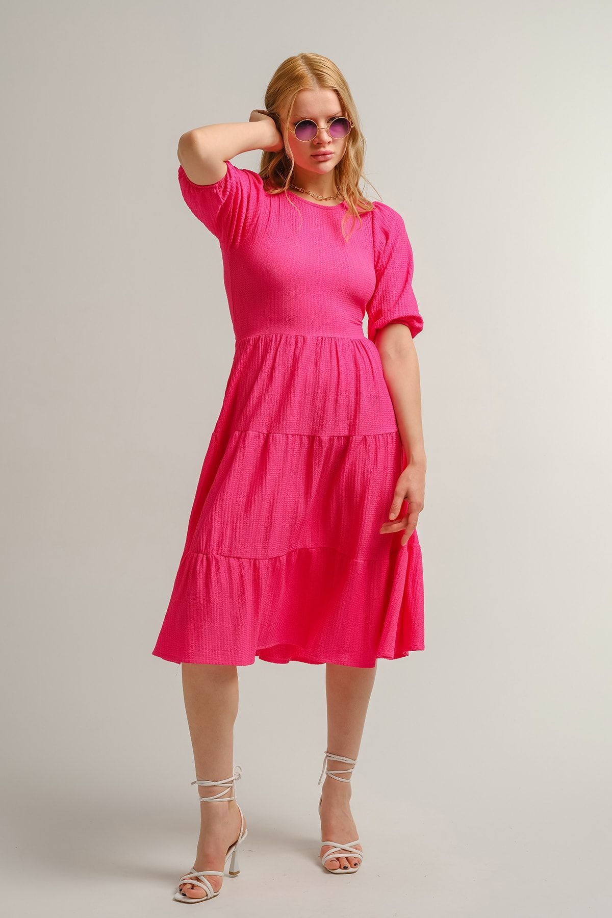 Women's Fuchsia Backless Midi Waist Belted Dress ARM-23y001080