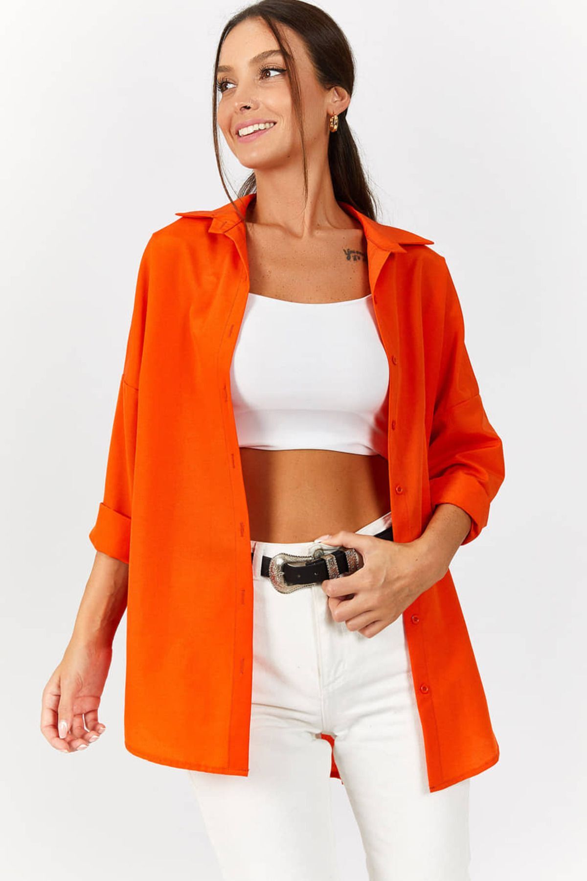 Women's Orange Oversize Long Basic Shirt ARM-22Y001118