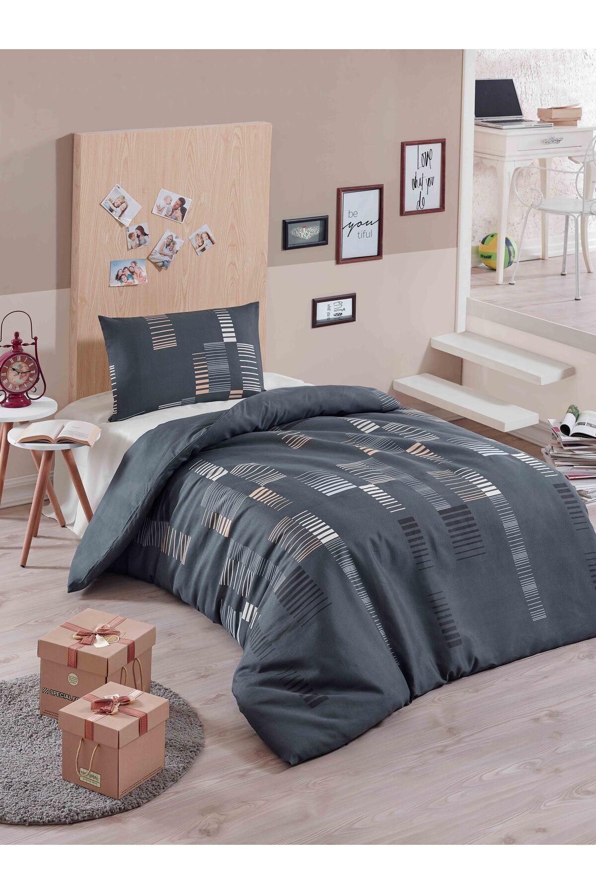 Eponj Home-Μονό Σετ Παπλωματοθήκης Easy-Iron Trace Anthracite 2