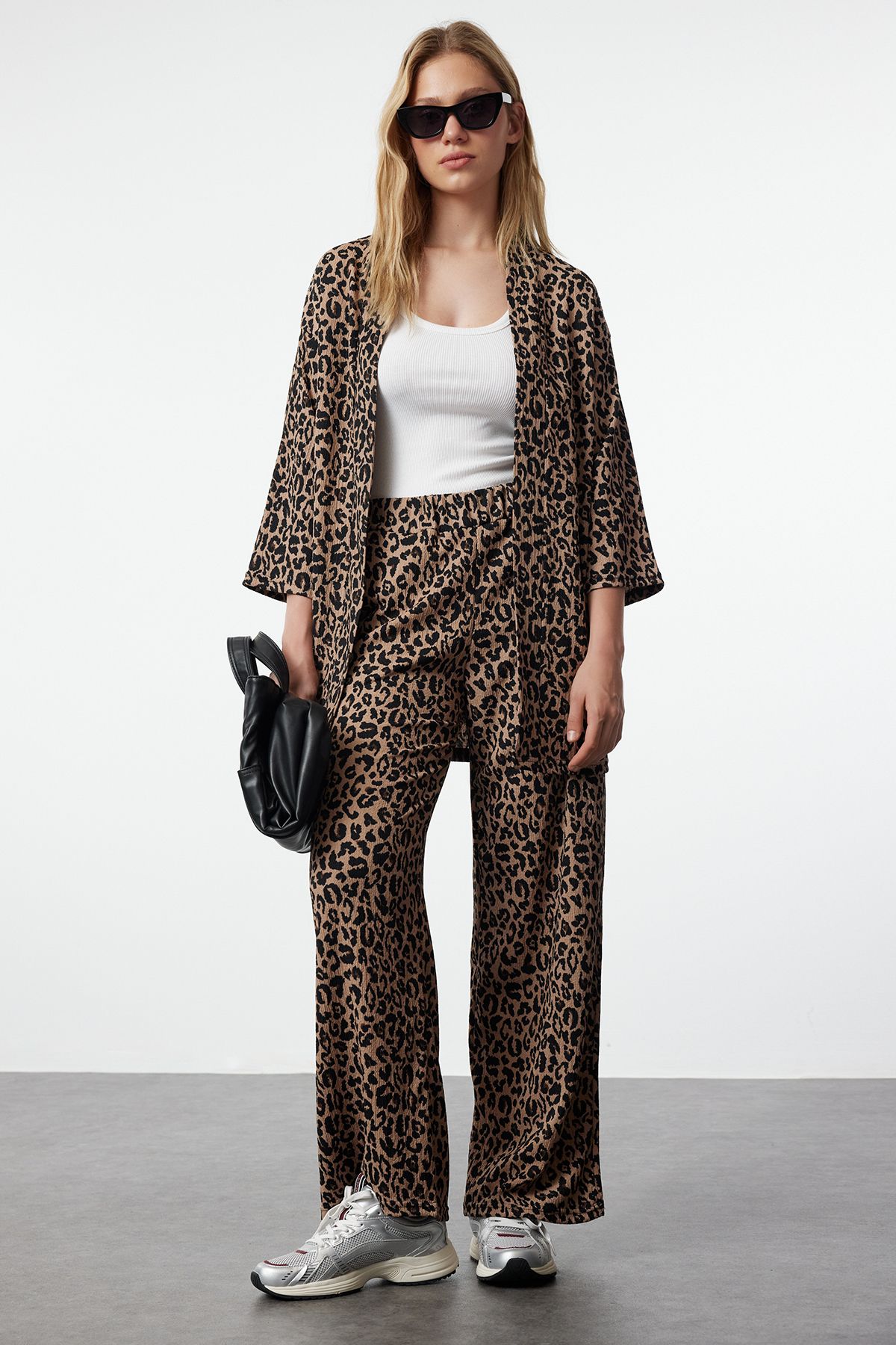 Trendyol Collection-Leopard Printed Flexible Comfortable Top and Bottom Σετ - Καφέ TWOSS24AU00103 2