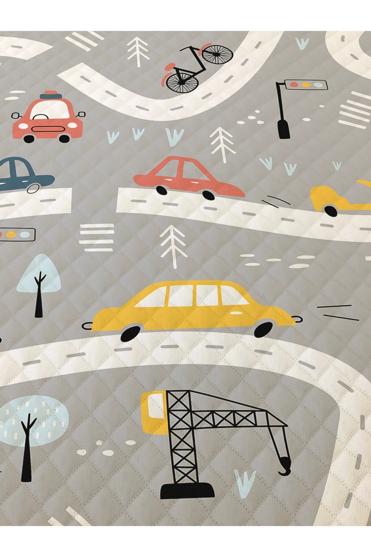 Evmila Yol Ve Araba Desenli Bebek Ve Çocuk Baskılı Tek Kişilik Pike Takımı 160 X 220 Cm Gri fotoğrafı 2 (önizleme)