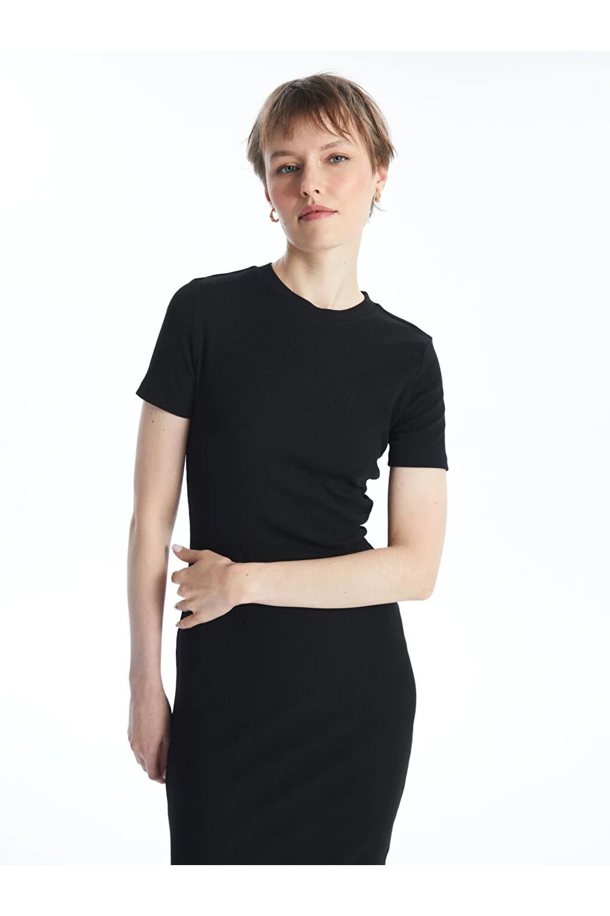 LCW Vision Bisiklet Yaka Düz Kısa Kollu Kadın Bodycon Elbise