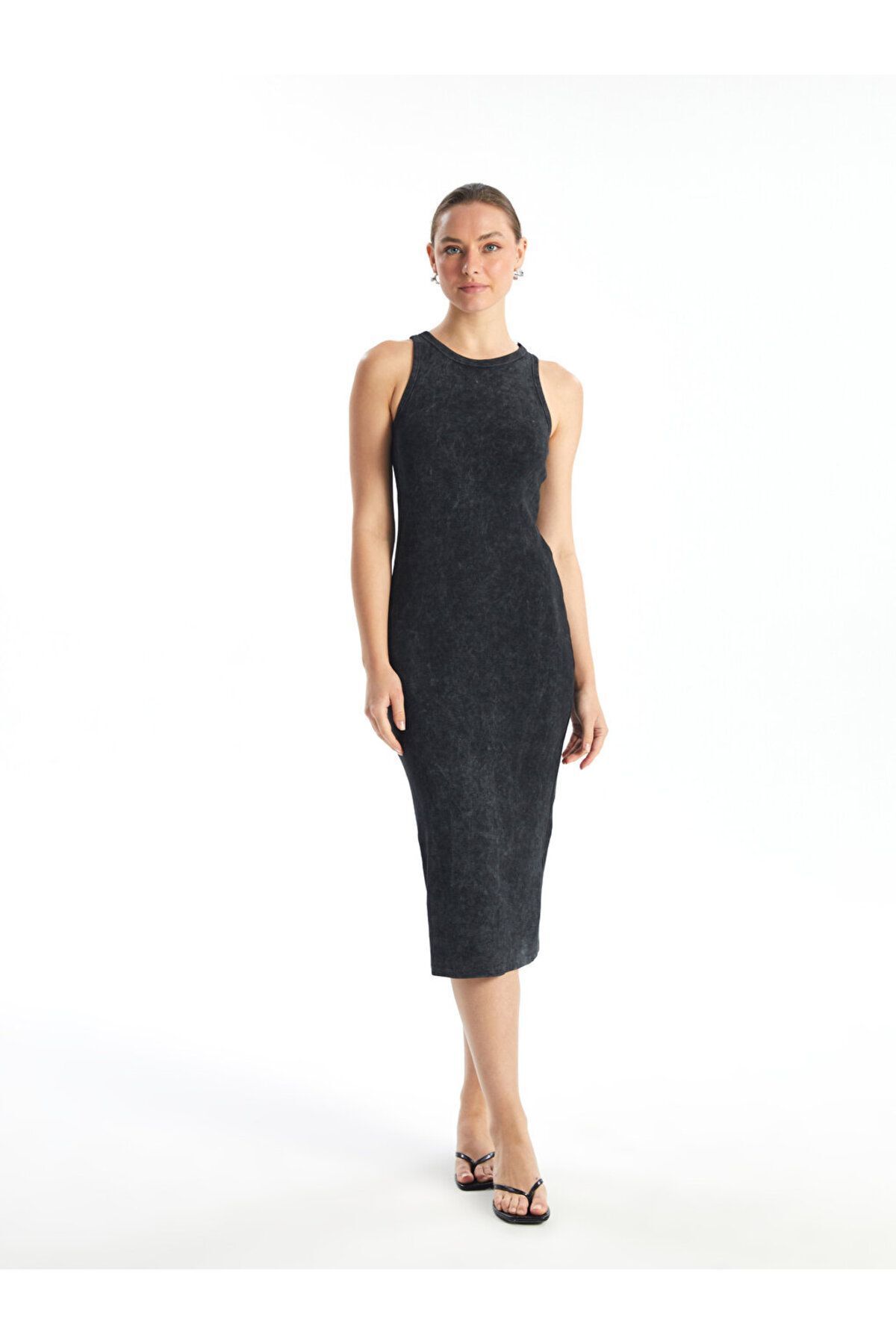 Kadın Bisiklet Yaka Düz Bodycon Elbise