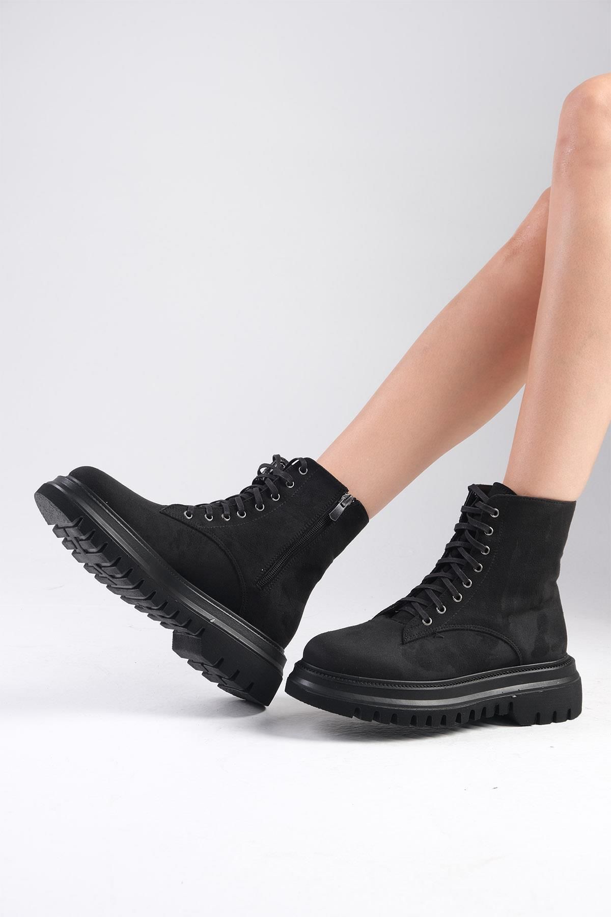 Mio Gusto-Zamszowe, sznurowane i zapinane na zamek buty damskie Alex w kolorze czarnym, na grubej podeszwie 5