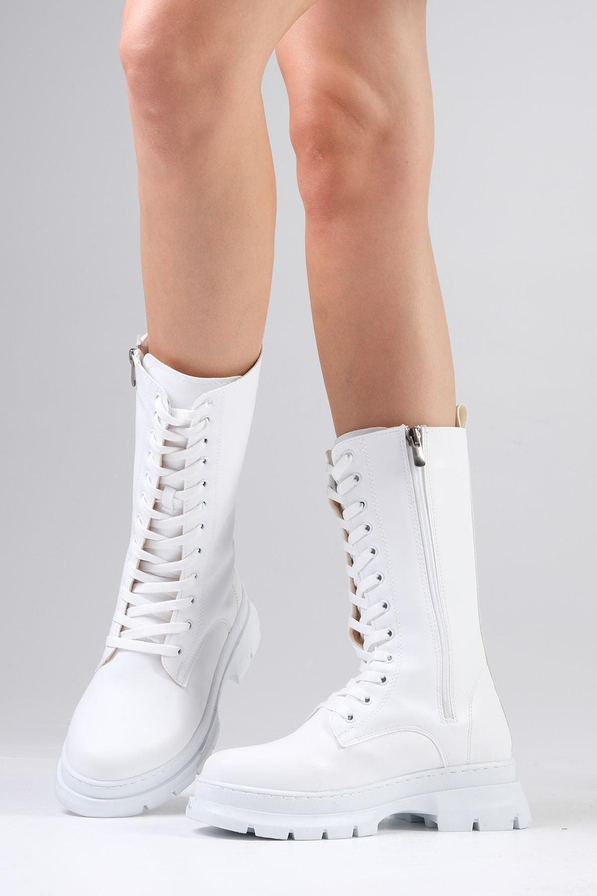 Mio Gusto-Lorita Weiße lange Damenstiefel mit Schnürung und Reißverschluss 2