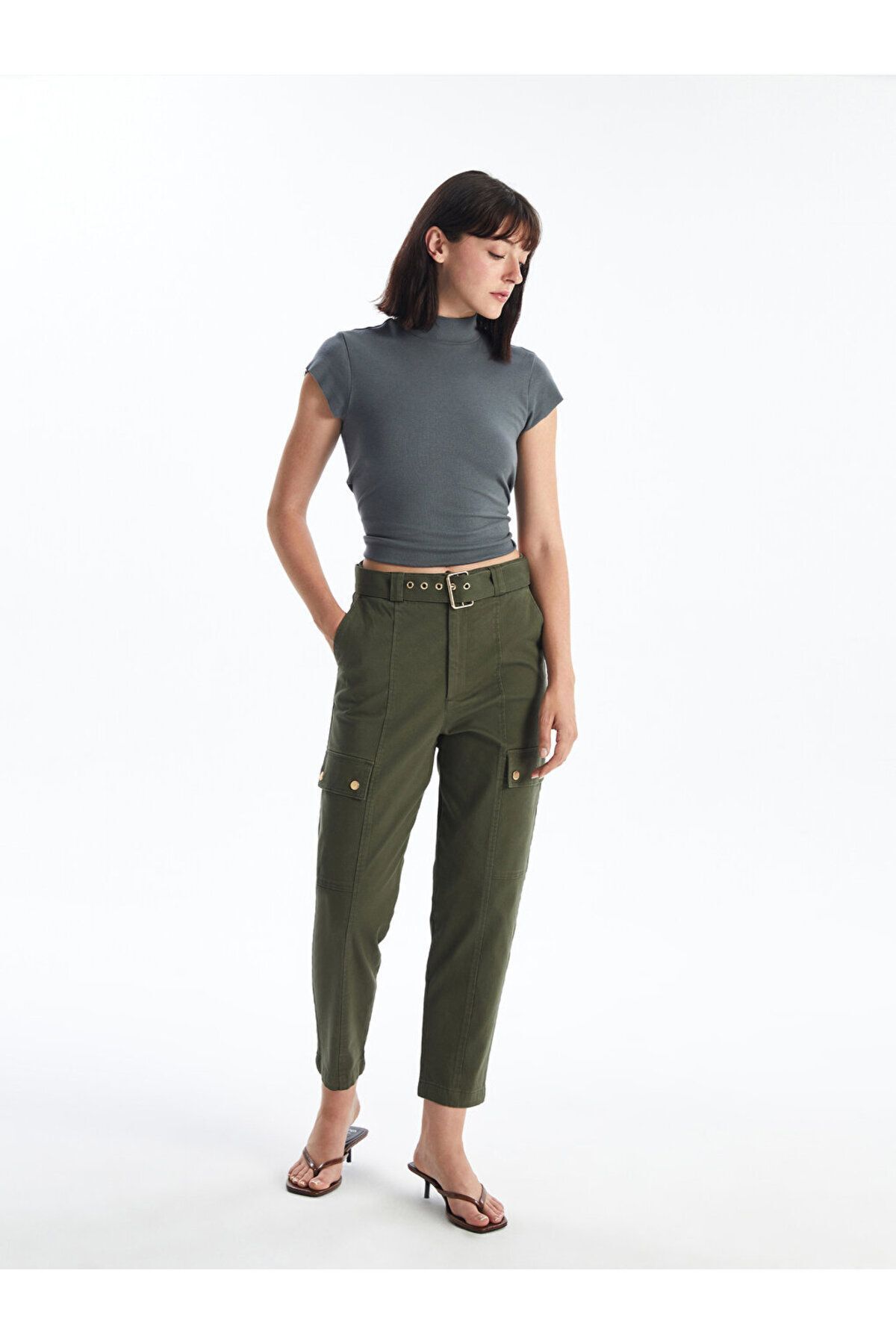 LC Waikiki Spodnie Cargo Damskie Lcw Vision Khaki Z Paskiem W Talii I Wąskim Krojem Kobieta - 34