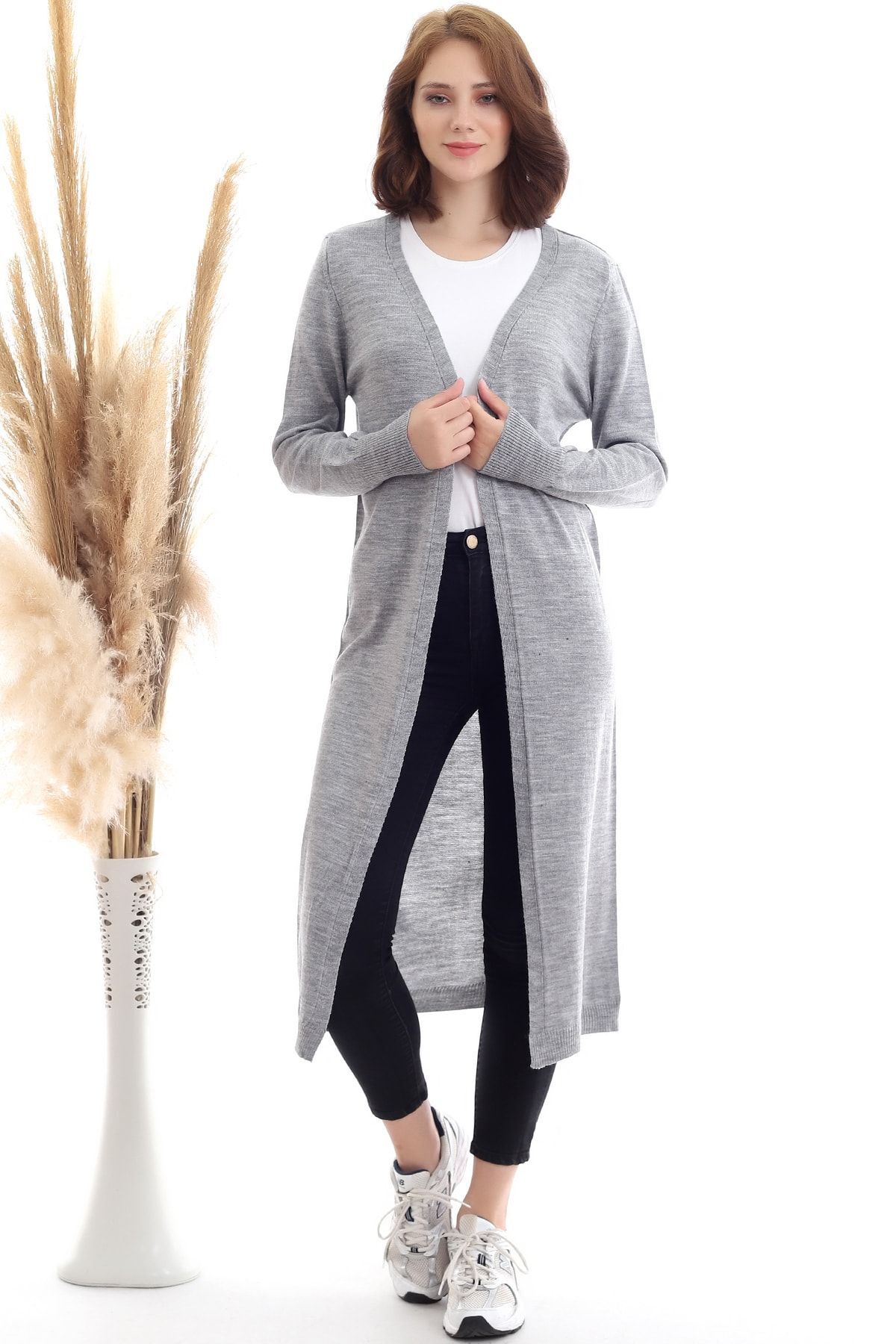 Devinka  Kadın Gri Uzun Triko Hırka - Görsel 3