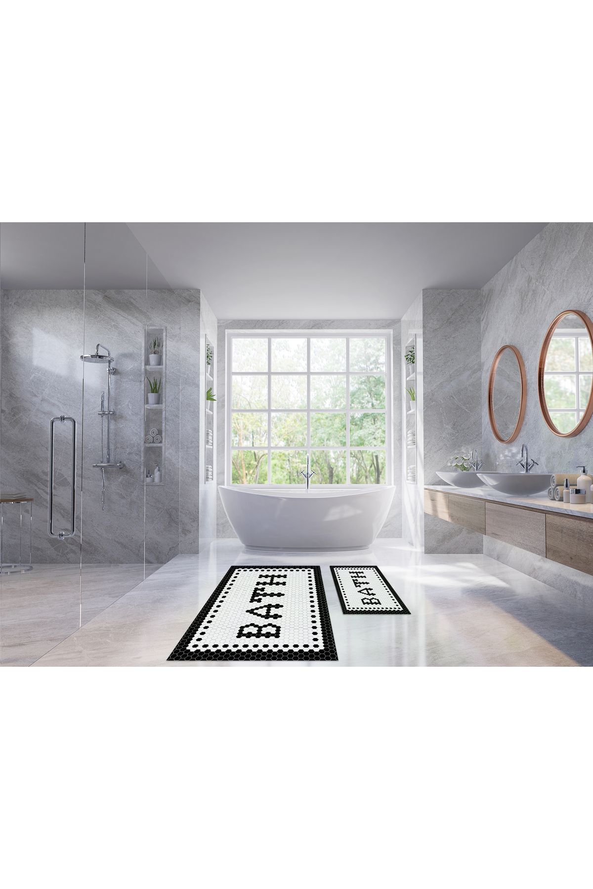 BrillaHome-Honeycomb Patterned Digital Print Dot Base Bathroom Carpet Mat 2 Pieces Dbp-0002 3