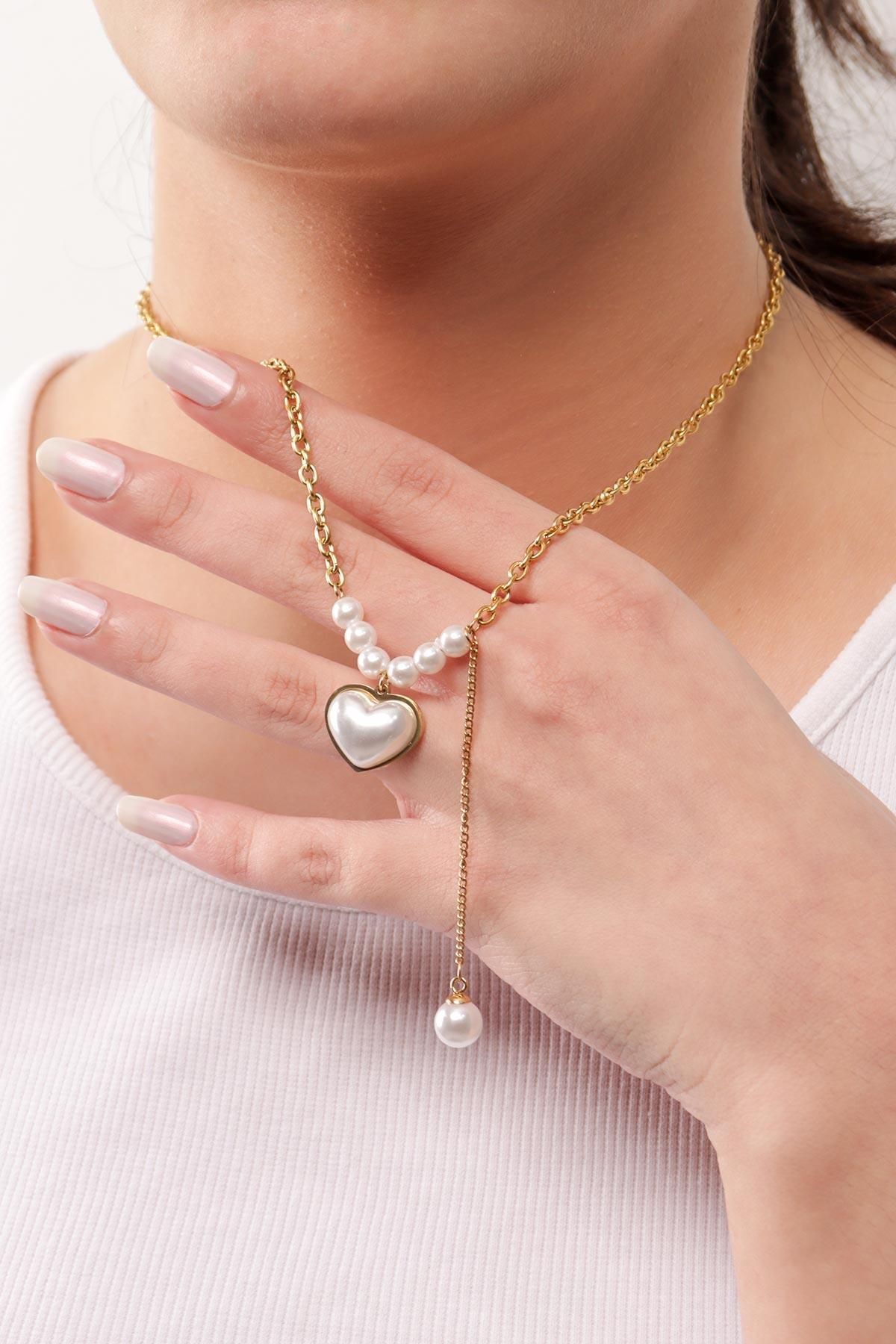 Pikas-Heart Pearl Ring Chain Necklace, Non-Tarnish Steel Necklace 45 cm 3