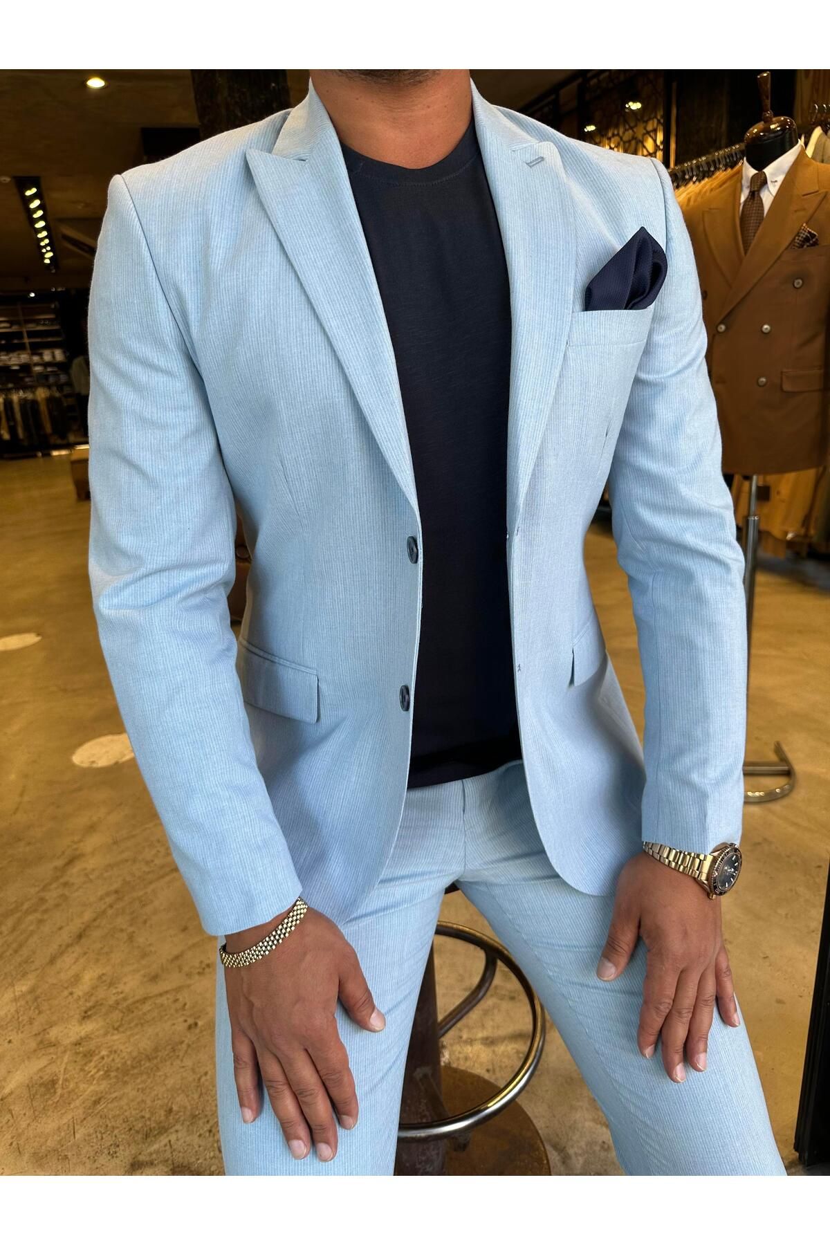 HARUNTARZ-HT1001-BLUE Slim Fit Pants and Vest Jacket Suit 2
