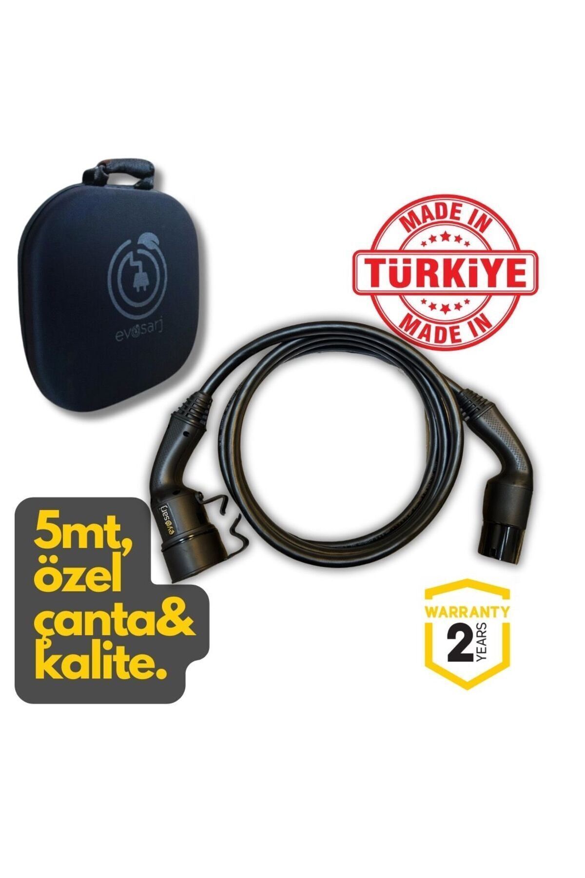 evoşarj Elektrikli Otomobil Araç Ara Şarj Kablosu 32a, 22kw, 5mt, Tip2, Özel Çantalı