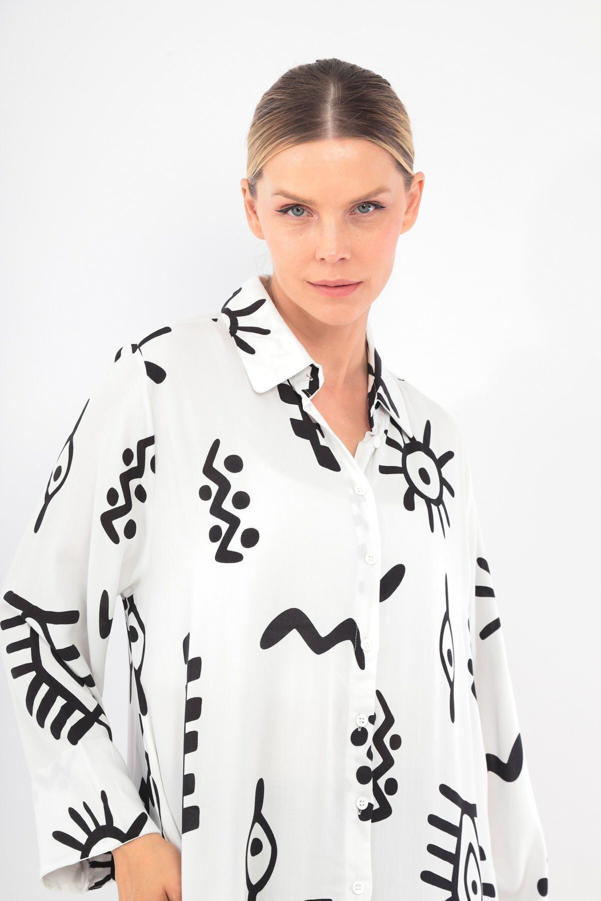 soBasic-White Viscose Shirt Dress - 100% Cotton, Patterned, Buttoned Front and Slit - Std 5