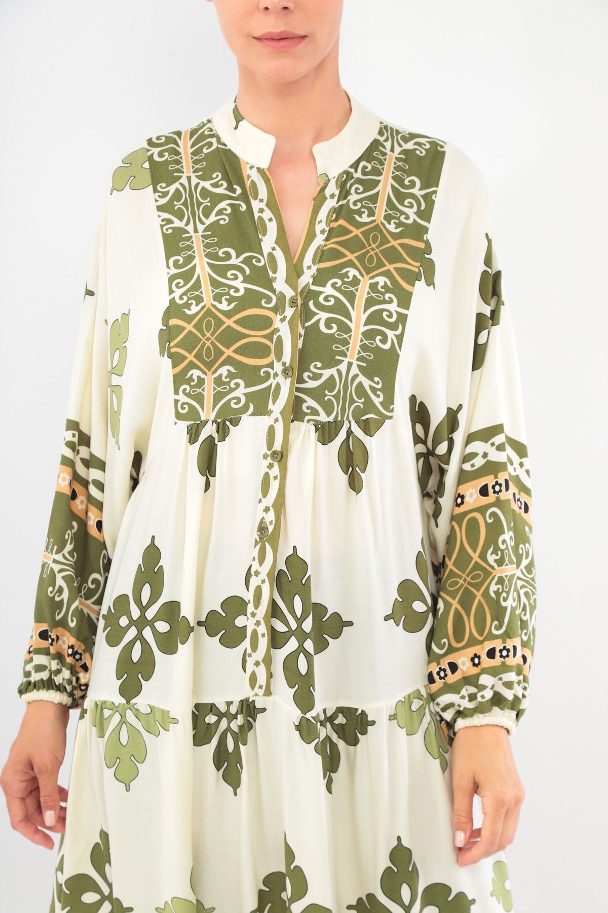 soBasic-Πράσινο Oversize Judge γιακά μακρυμάνικο φόρεμα βαμβακερή βισκόζη με σχέδιο - 100% χαλαρό 5
