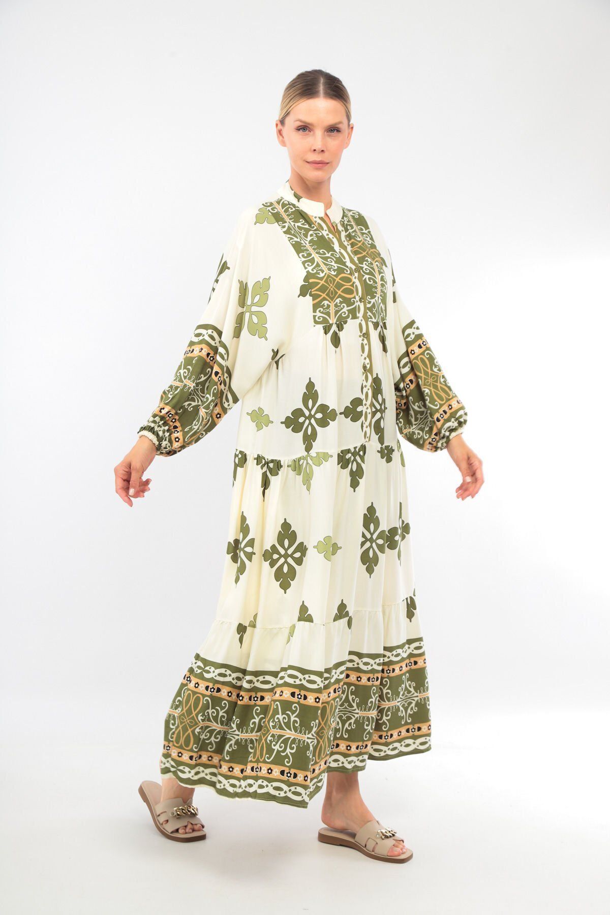 soBasic-Πράσινο Oversize Judge γιακά μακρυμάνικο φόρεμα βαμβακερή βισκόζη με σχέδιο - 100% χαλαρό 1