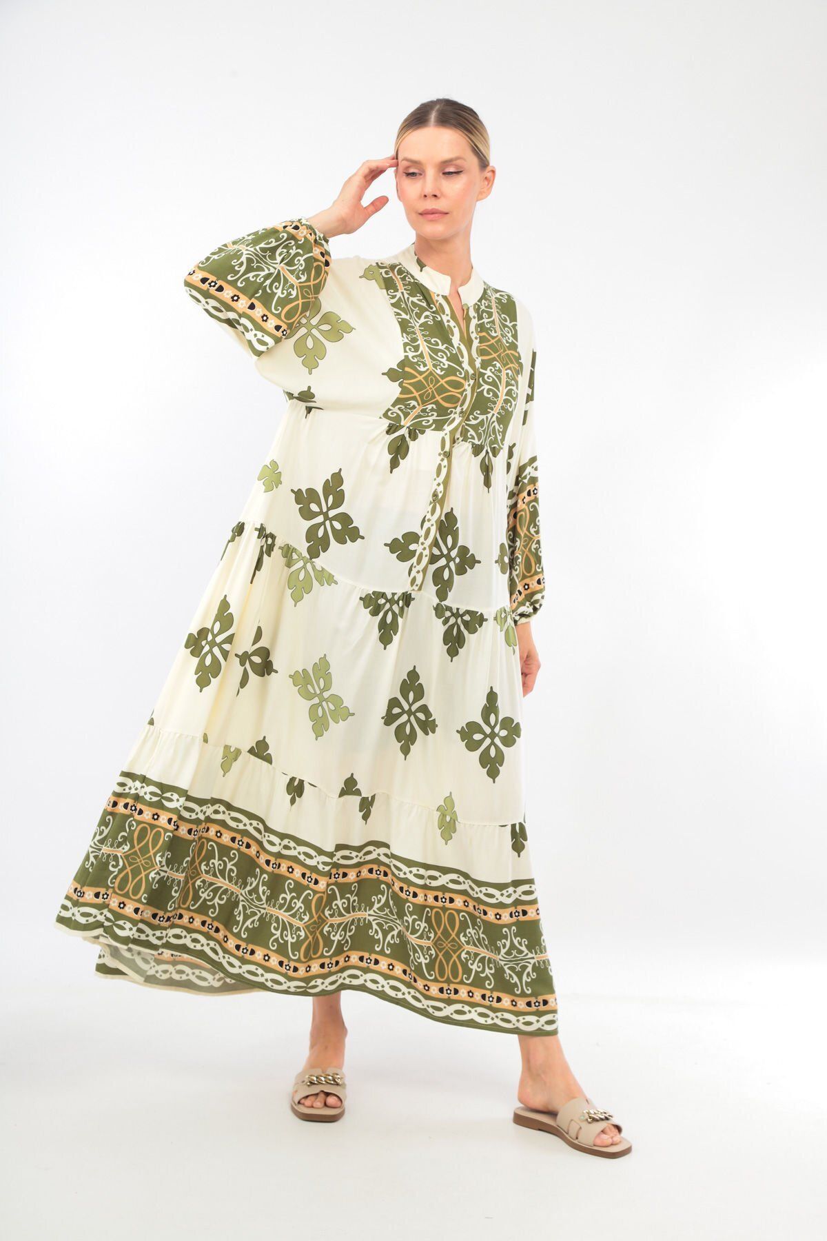 soBasic-Πράσινο Oversize Judge γιακά μακρυμάνικο φόρεμα βαμβακερή βισκόζη με σχέδιο - 100% χαλαρό 3