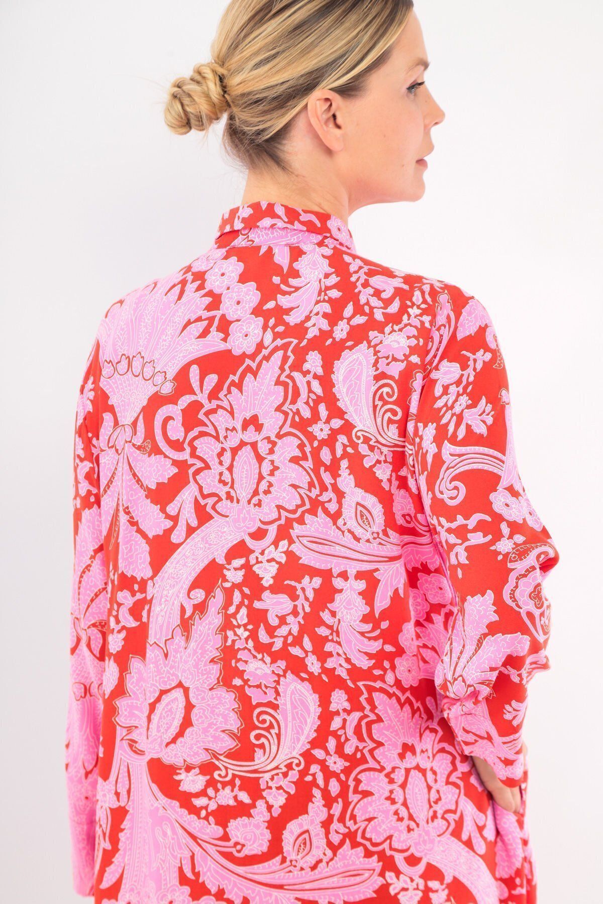 soBasic-Red Viscose Shirt Dress - Patterned, Buttoned Front, Pocket and Slit Detail, 100% Cotton - Std 7