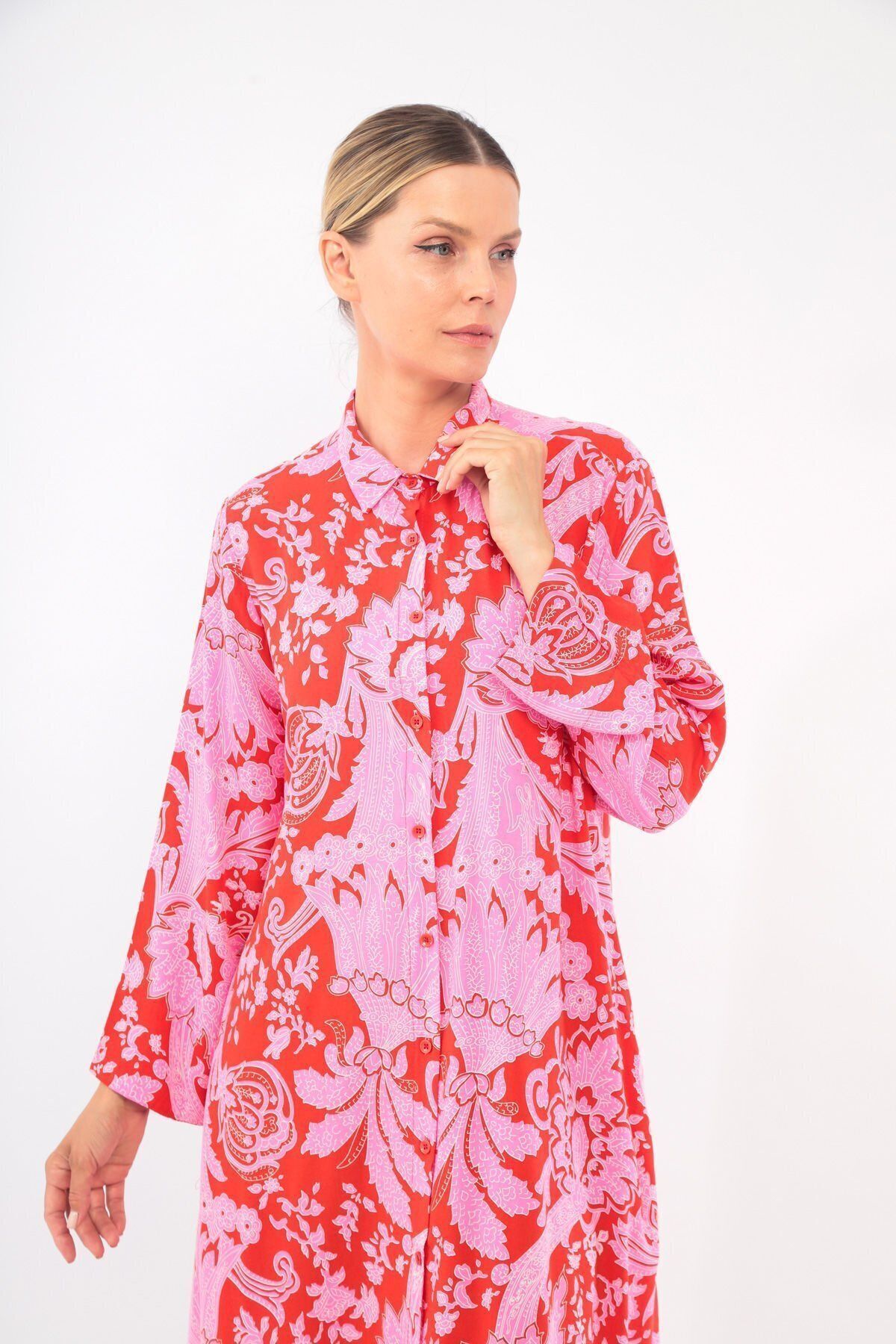 soBasic-Red Viscose Shirt Dress - Patterned, Buttoned Front, Pocket and Slit Detail, 100% Cotton - Std 5