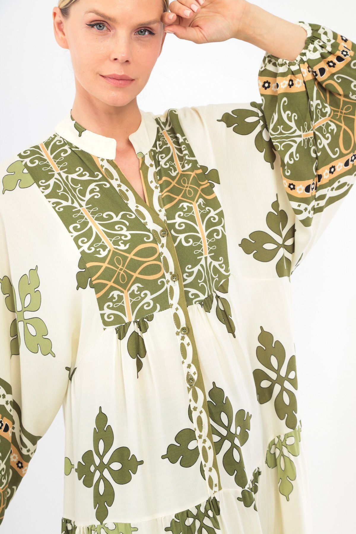 soBasic-Πράσινο Oversize Judge γιακά μακρυμάνικο φόρεμα βαμβακερή βισκόζη με σχέδιο - 100% χαλαρό 6