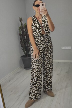 lady special Leopar Desen Pantolon Yelek Takım