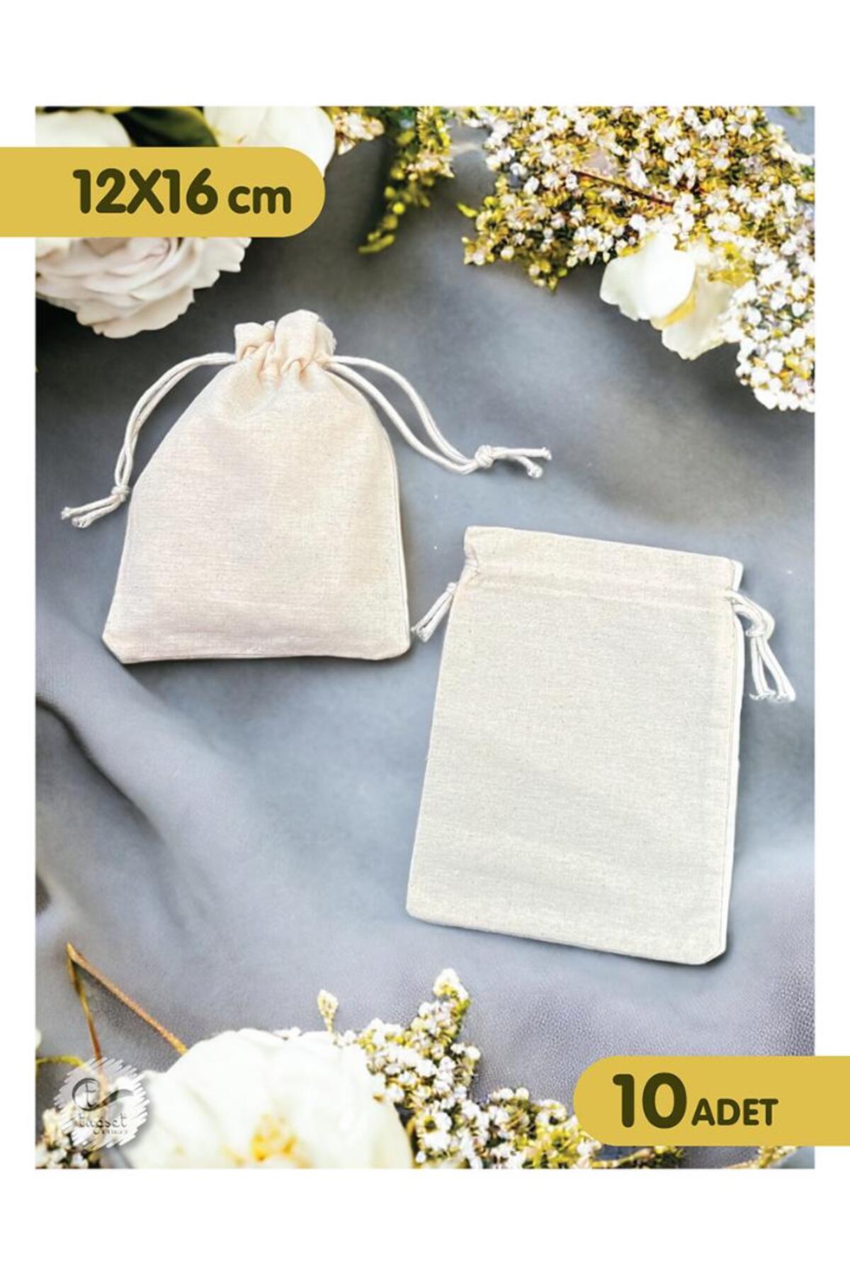 t tuğset etiket Bağcıklı Krem Ham Bez Kese - 12x16 cm 10 adet Takı, Çerez, Kına, Hediyelik Sabun Kesesi-T874