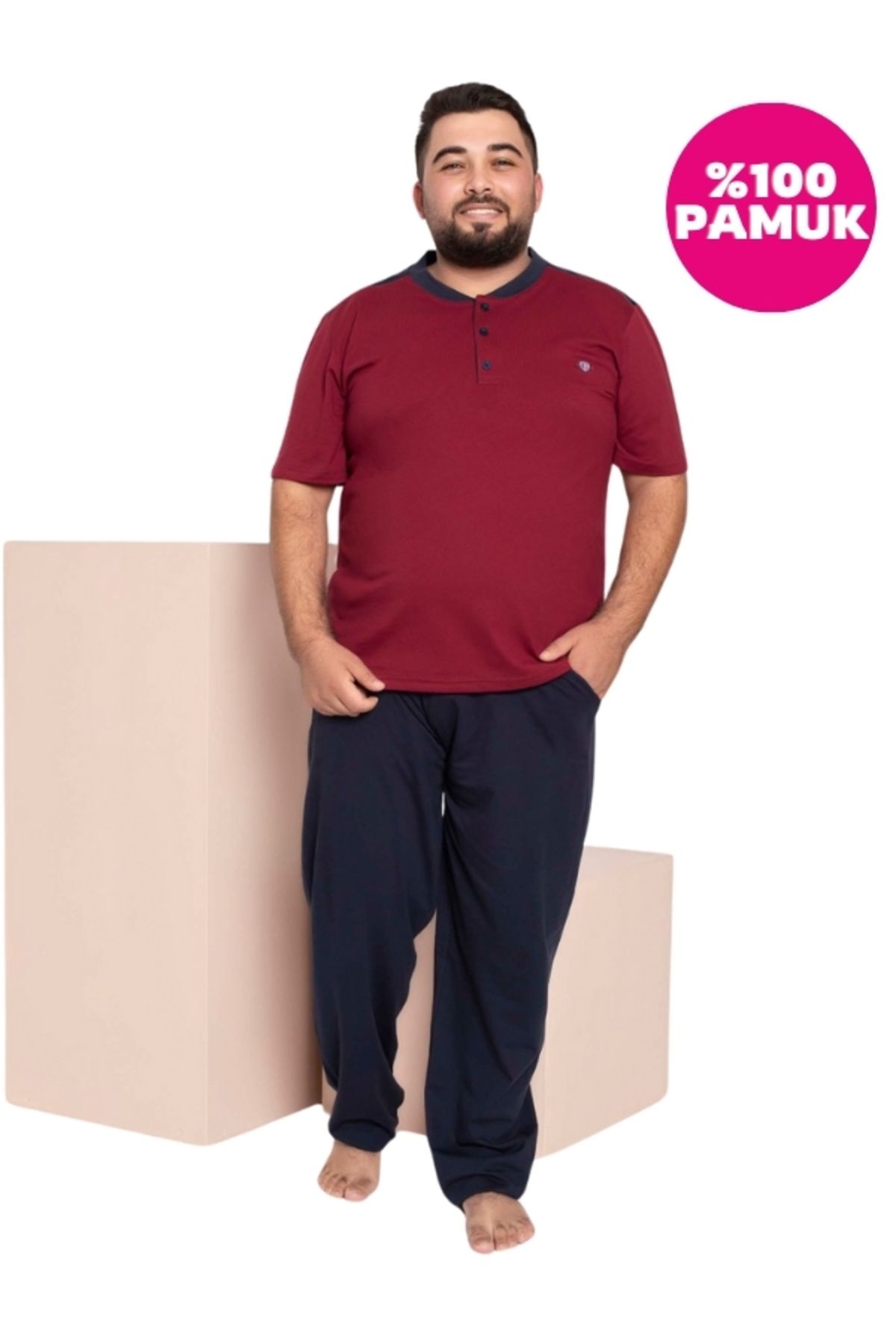 Bordo 3 Düğmeli Göğüs Cepli Mevsimlik Kısa Kol %100 Pamuk Büyük Beden Cepli Pijama Takımı
