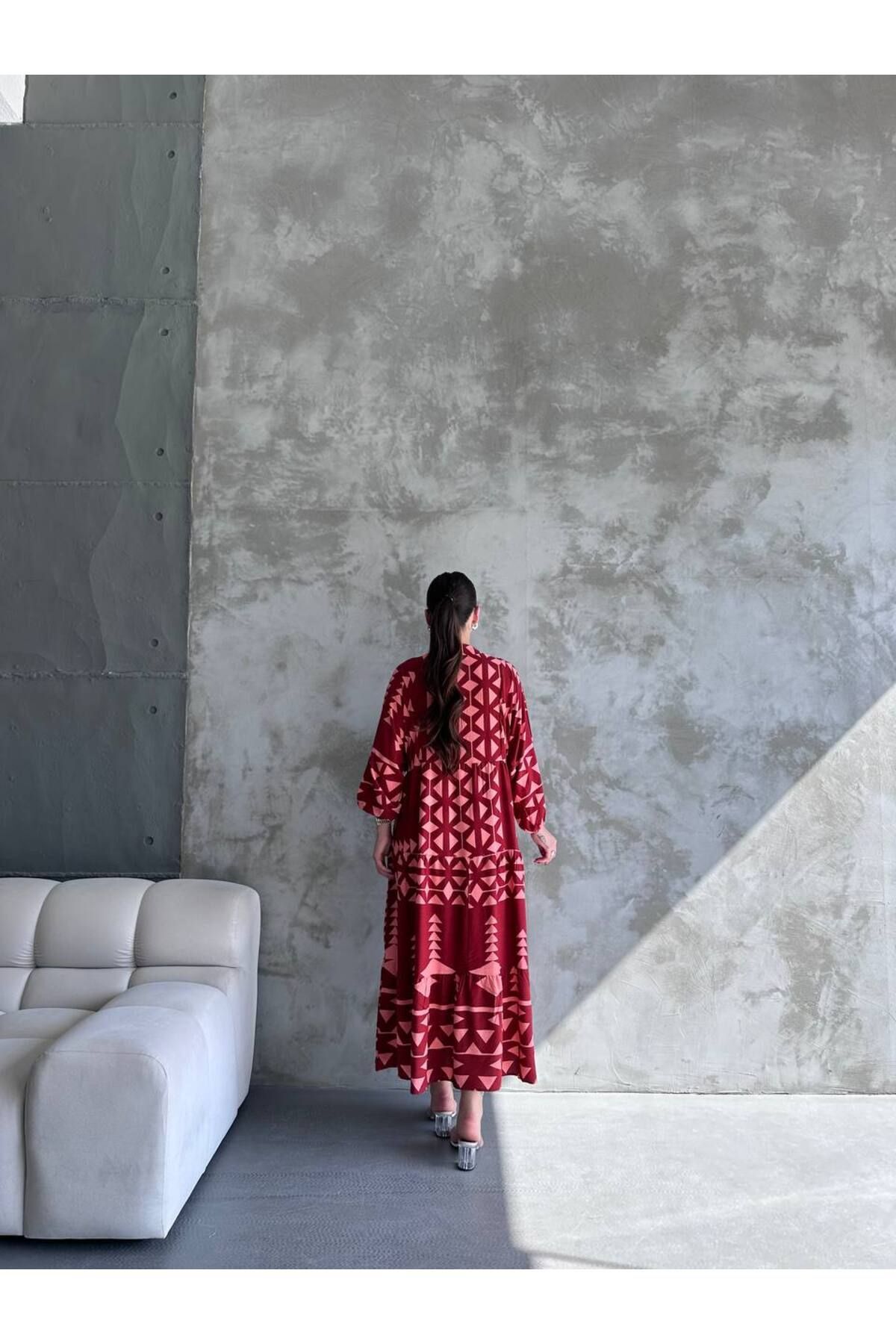 Robe oversize verte à col officier et boutons pour femme - Görsel 5
