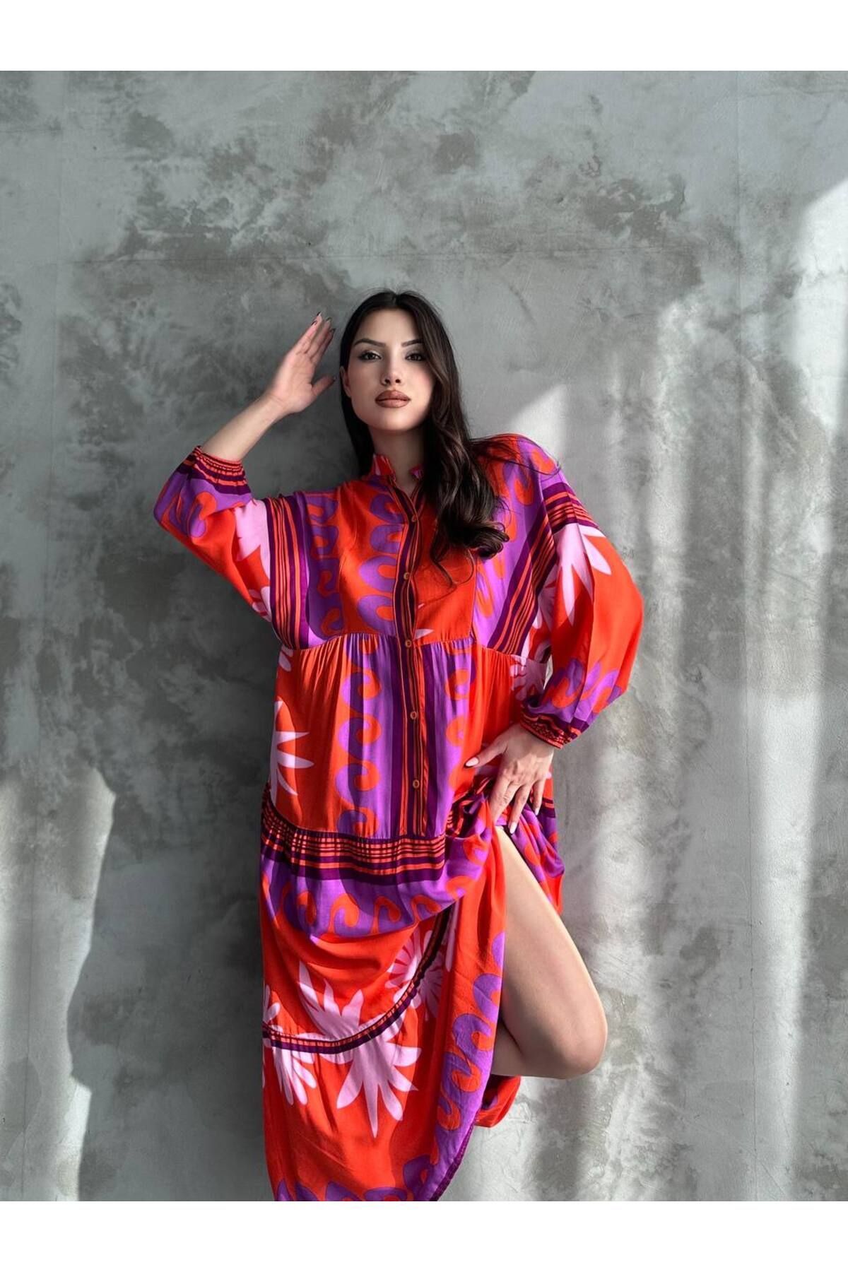 Desenli Uzun Tesettür Gömlek Elbise Yeşil-Fuşya Oversize