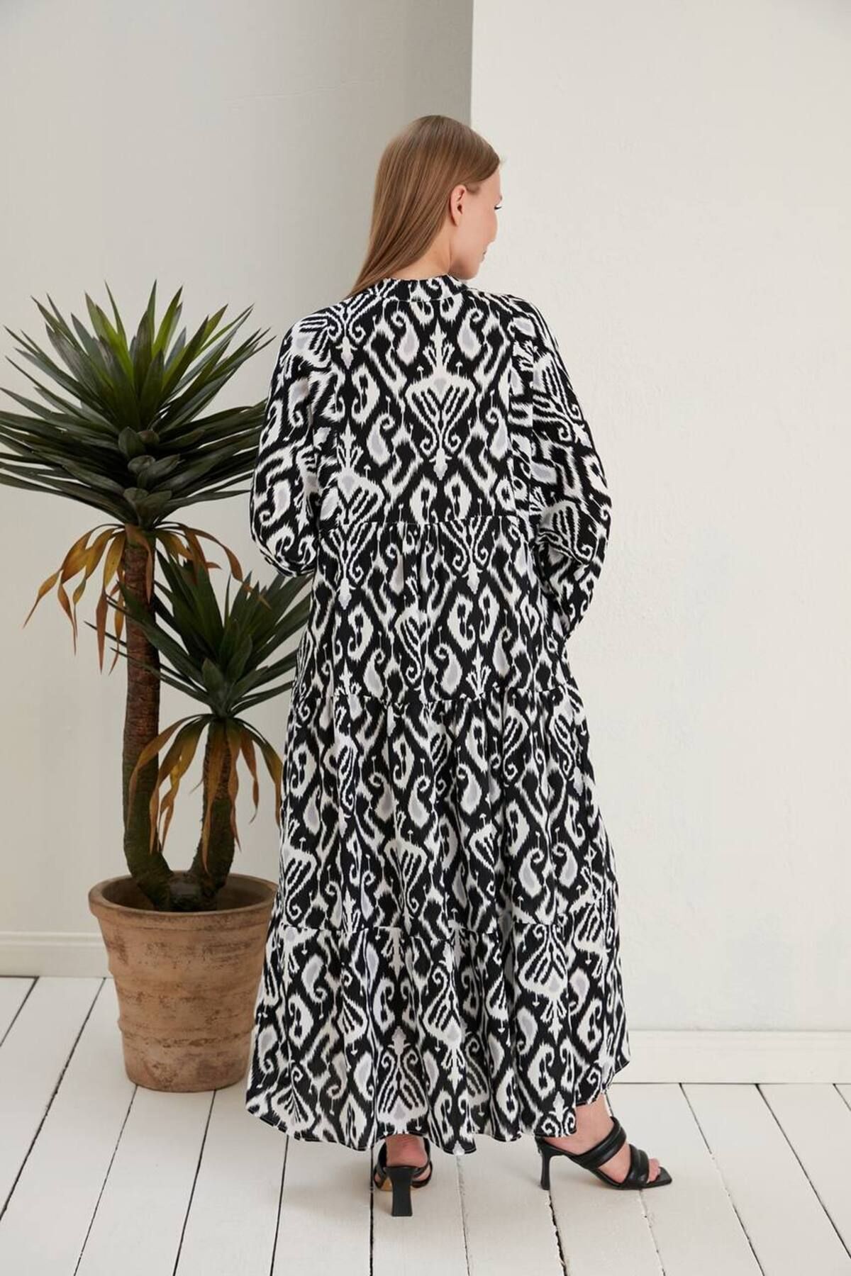 Patterned Long Modest Shirt Dress - Görsel 3