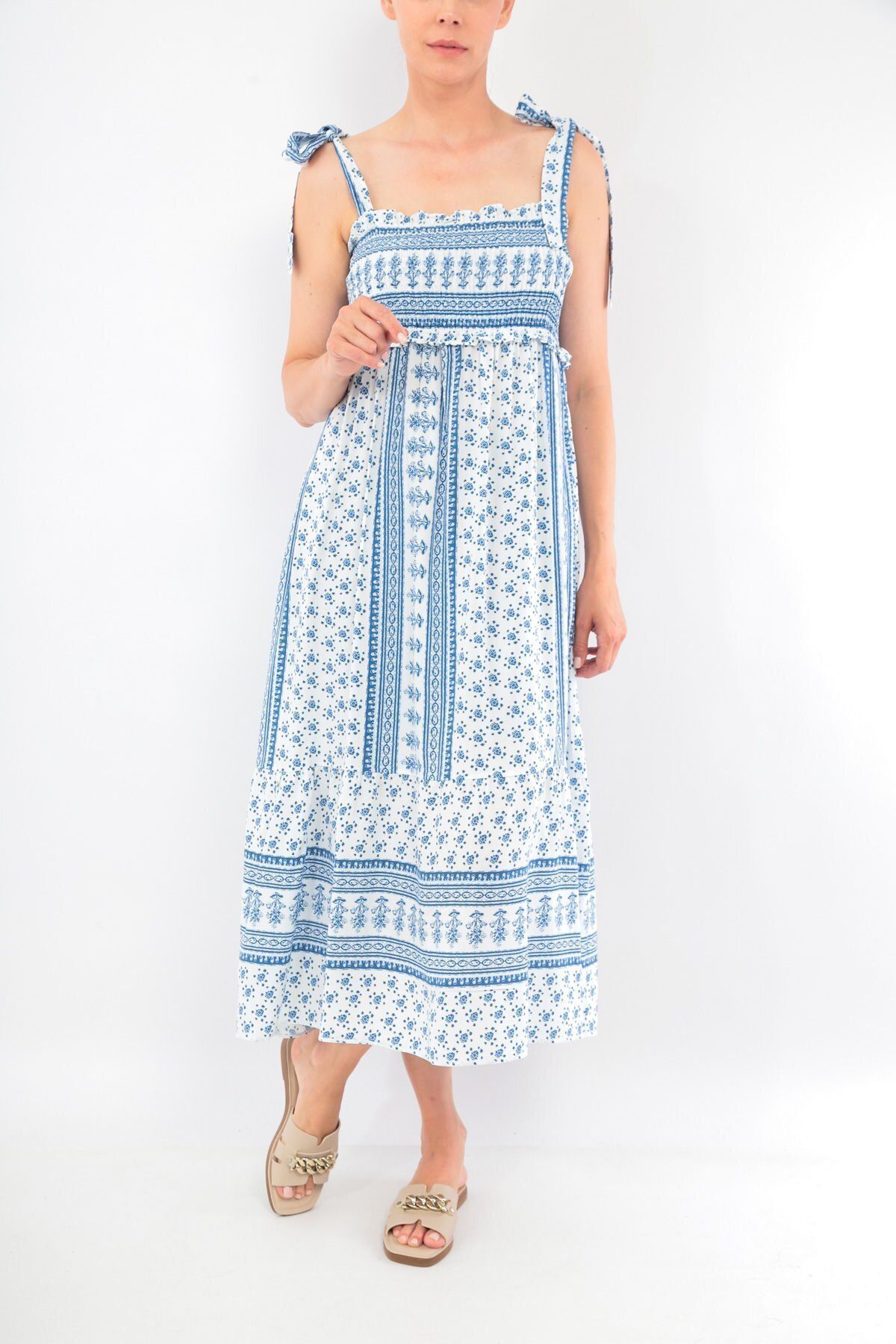 soBasic-Blue-white Patterned Viscose Dress with Adjustable Straps 5