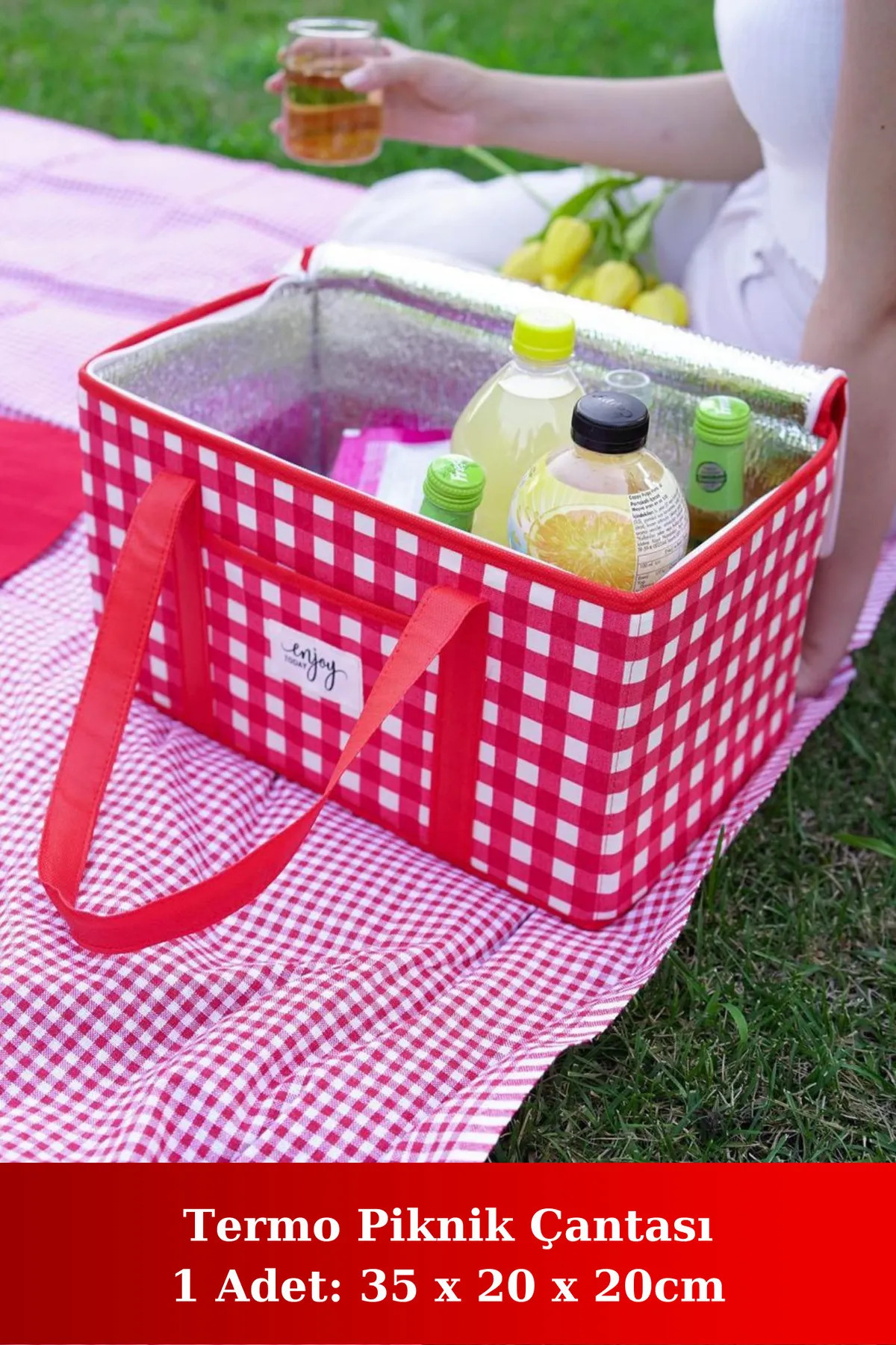 Ecolux Yalıtımlı Termal Piknik Çantası Kırmızı Pötikare Kulplu Soğuk Taşıma Çantası 35x20x20cm