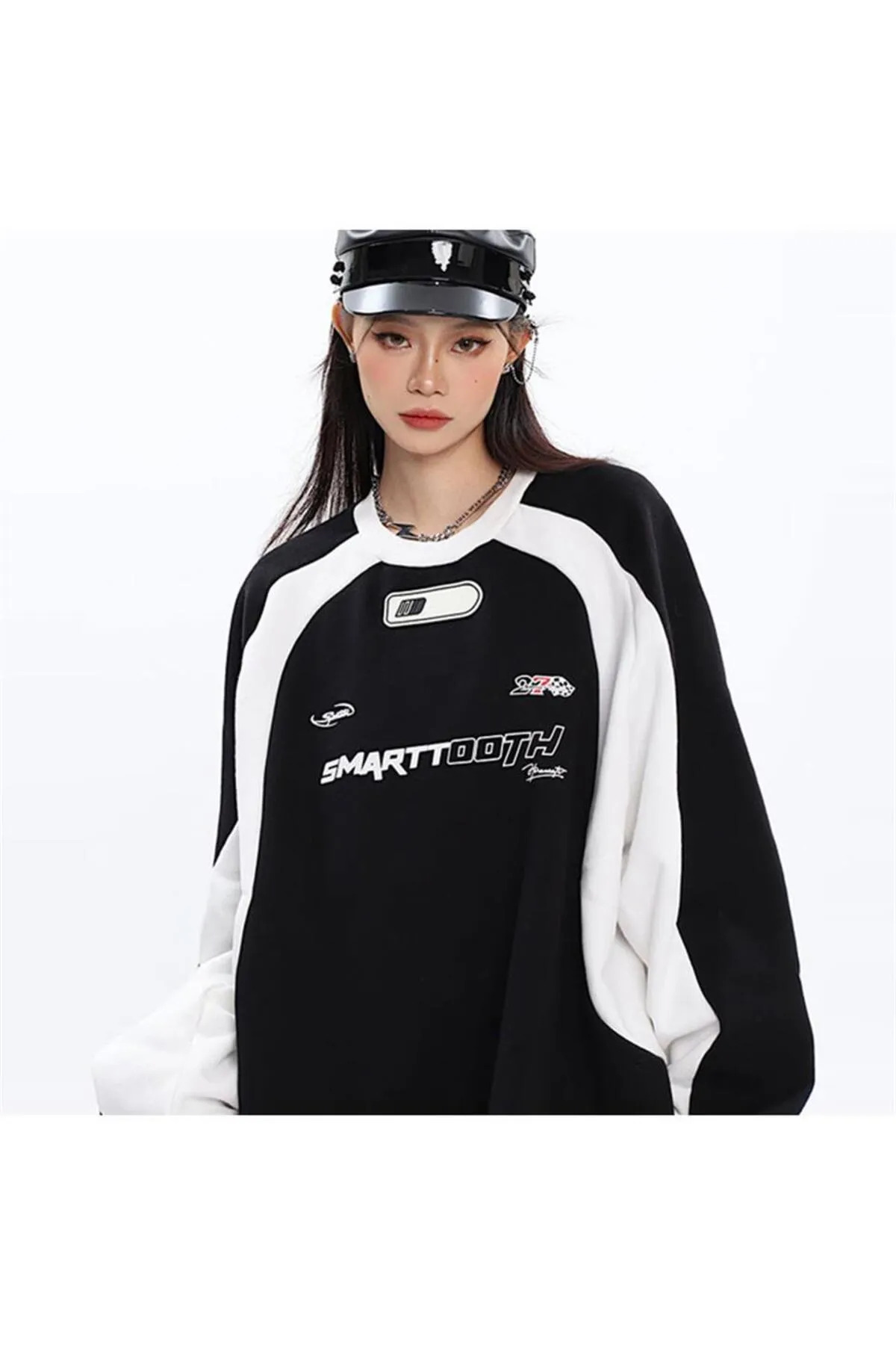 Machetta Unisex Büyük Beden Streetwear Smarttooth Baskılı Siyah Parçalı Oversize Bisiklet Yaka Sweatshirt görsel 3