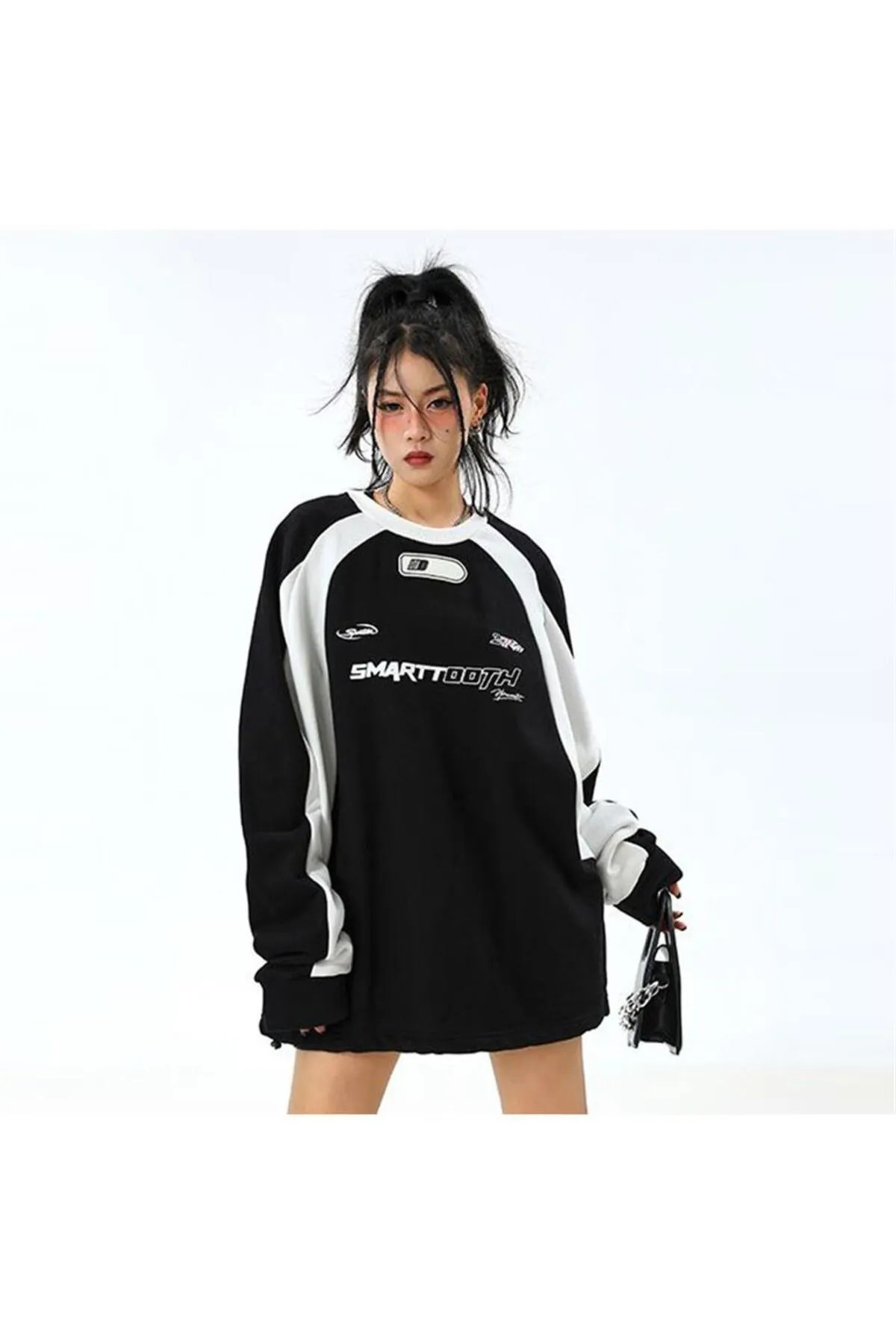 Machetta Unisex Büyük Beden Streetwear Smarttooth Baskılı Siyah Parçalı Oversize Bisiklet Yaka Sweatshirt görsel 4