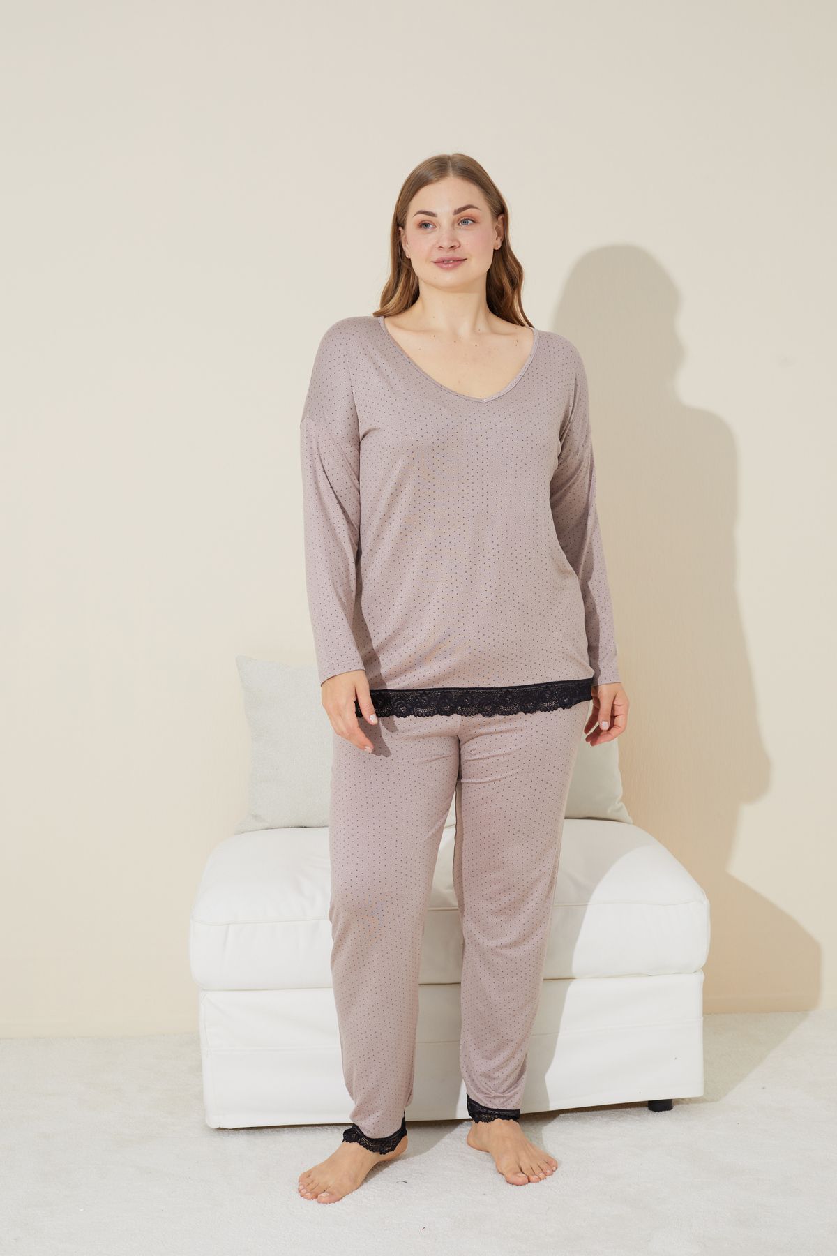 Siyah İnci-Vsikon Curve Lace Detailed Large Size Pajama Set - Mink Point Pattern, Oversize 24240655 2