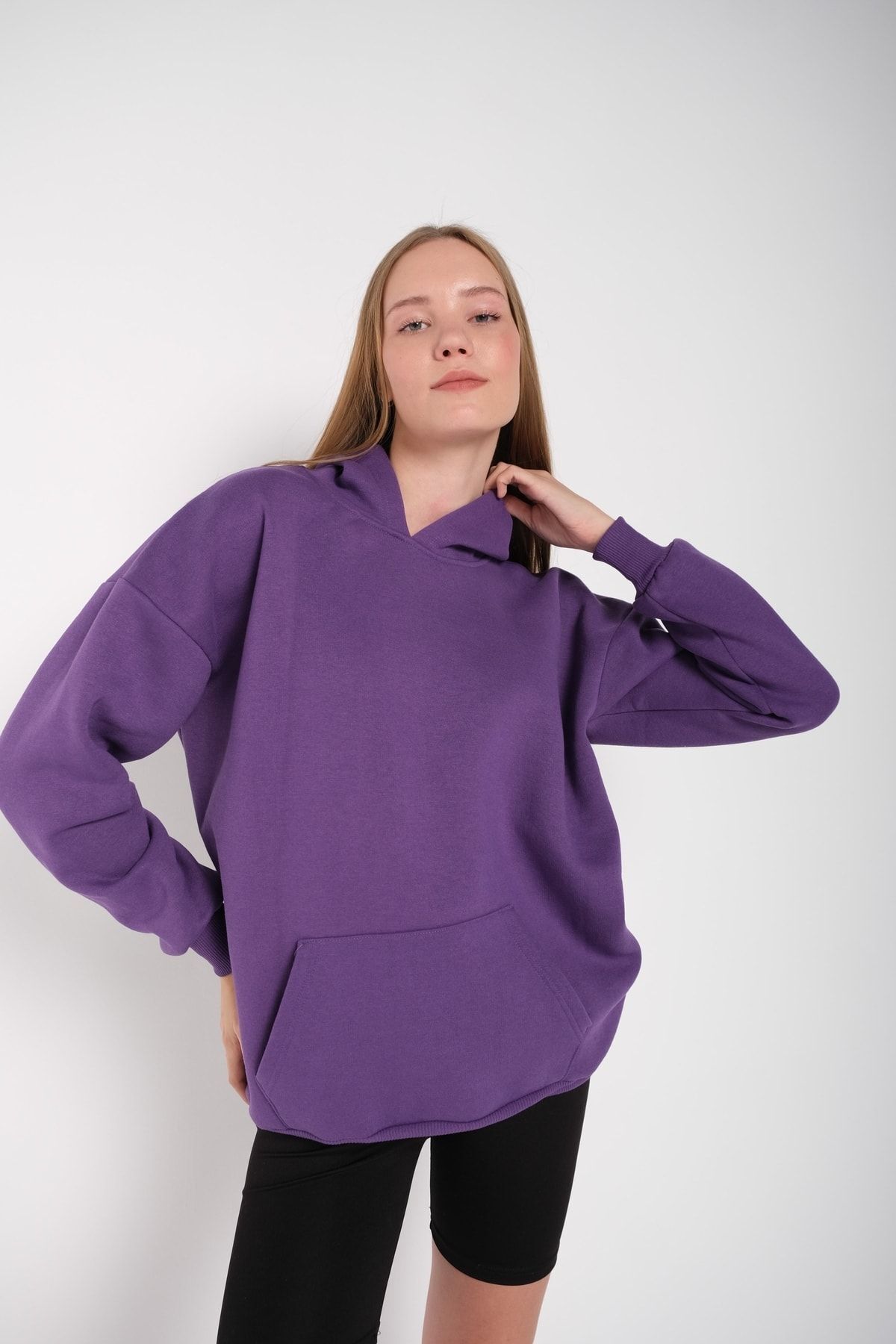 MODAGEN-Damska fioletowa bluza oversize z kapturem w jednolitym kolorze 4