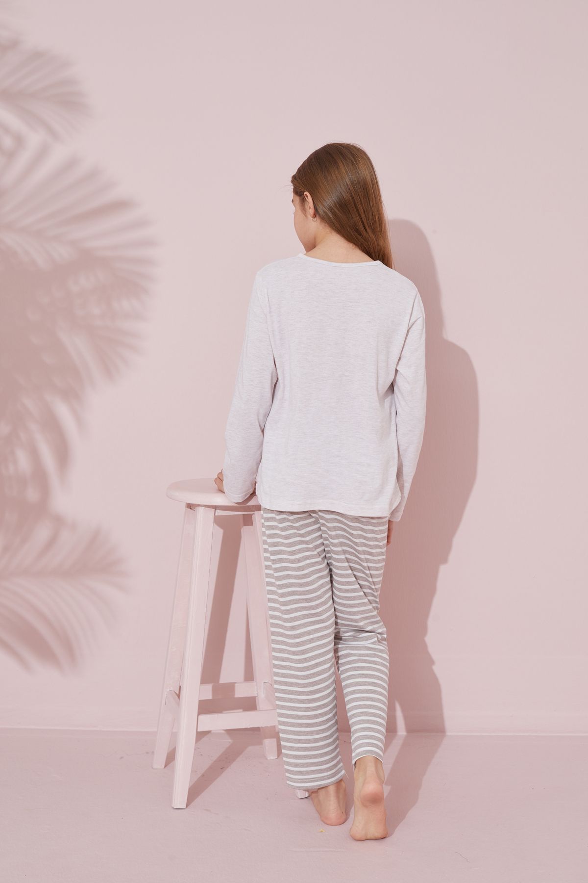 Siyah İnci-Cotton Gray Knitted Pajama Set - 24241110 5