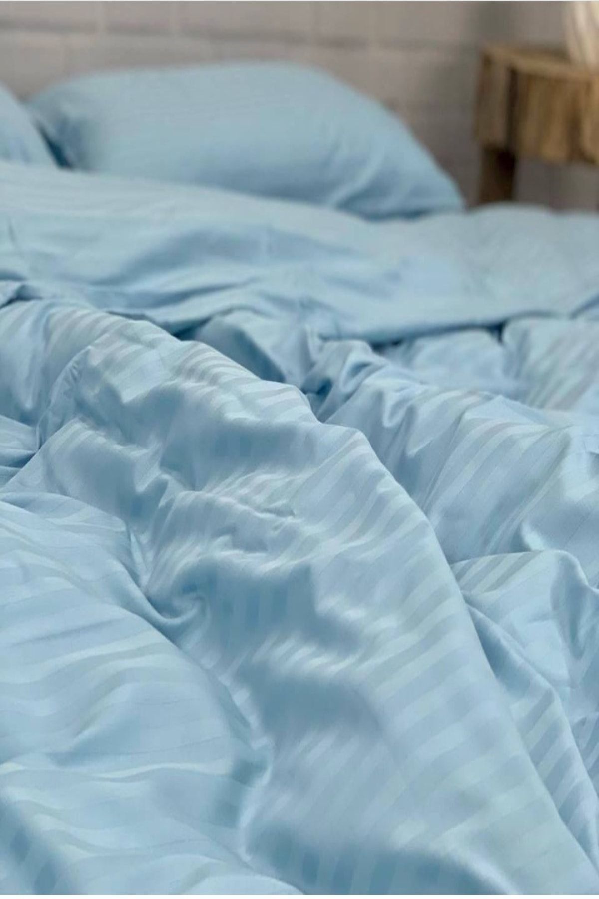 Tekstil Home Lüx Otel Renkli Serisi Tek Kişilik Lastikli Çarşaflı Çizgili Saten Nevresim Takımı Mavi Renk 3